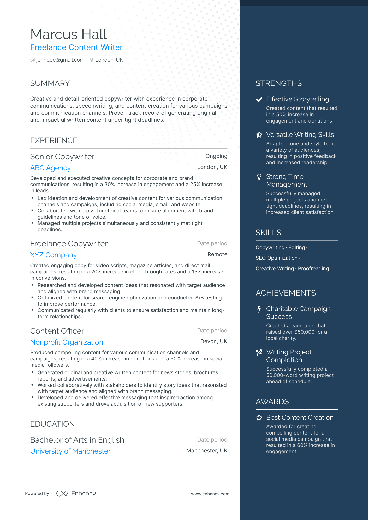 One Page Freelance Content Writer Resume Template