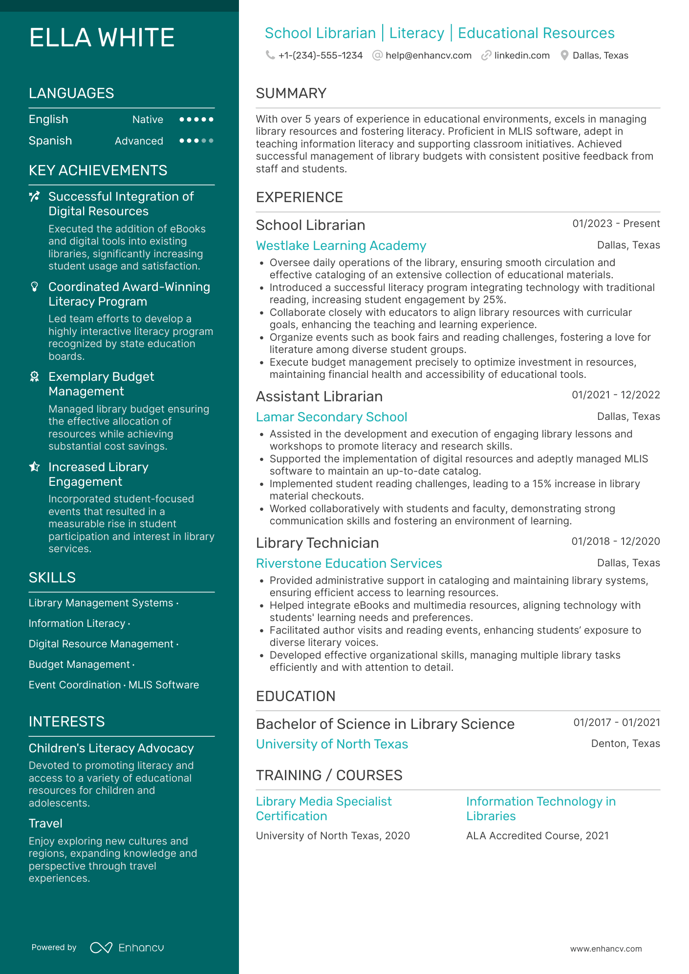 A resume example of a School Librarian