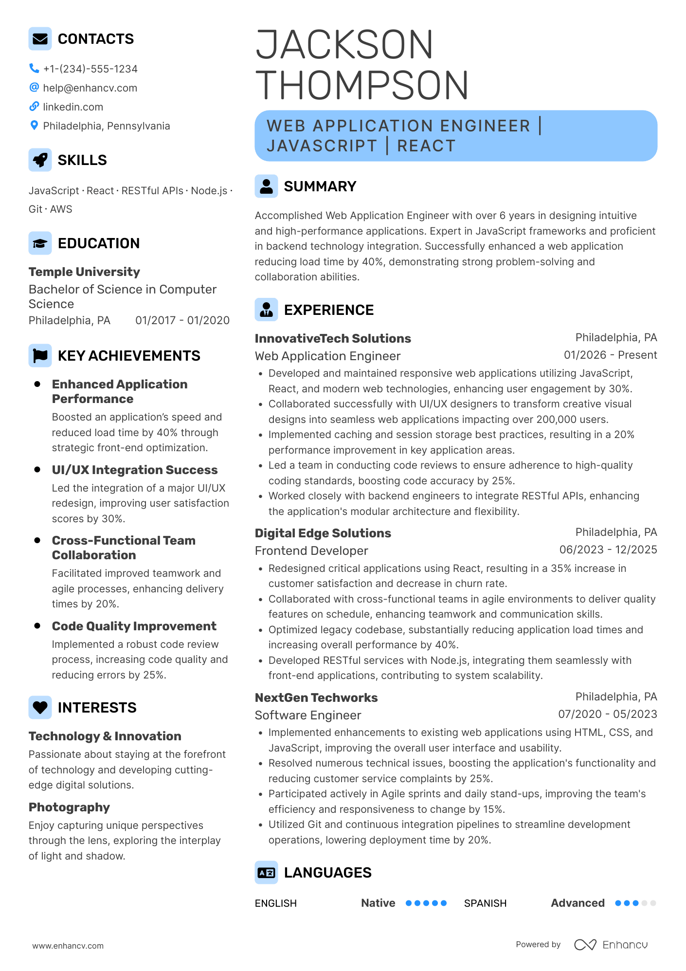 A resume example of a Web Application Engineer