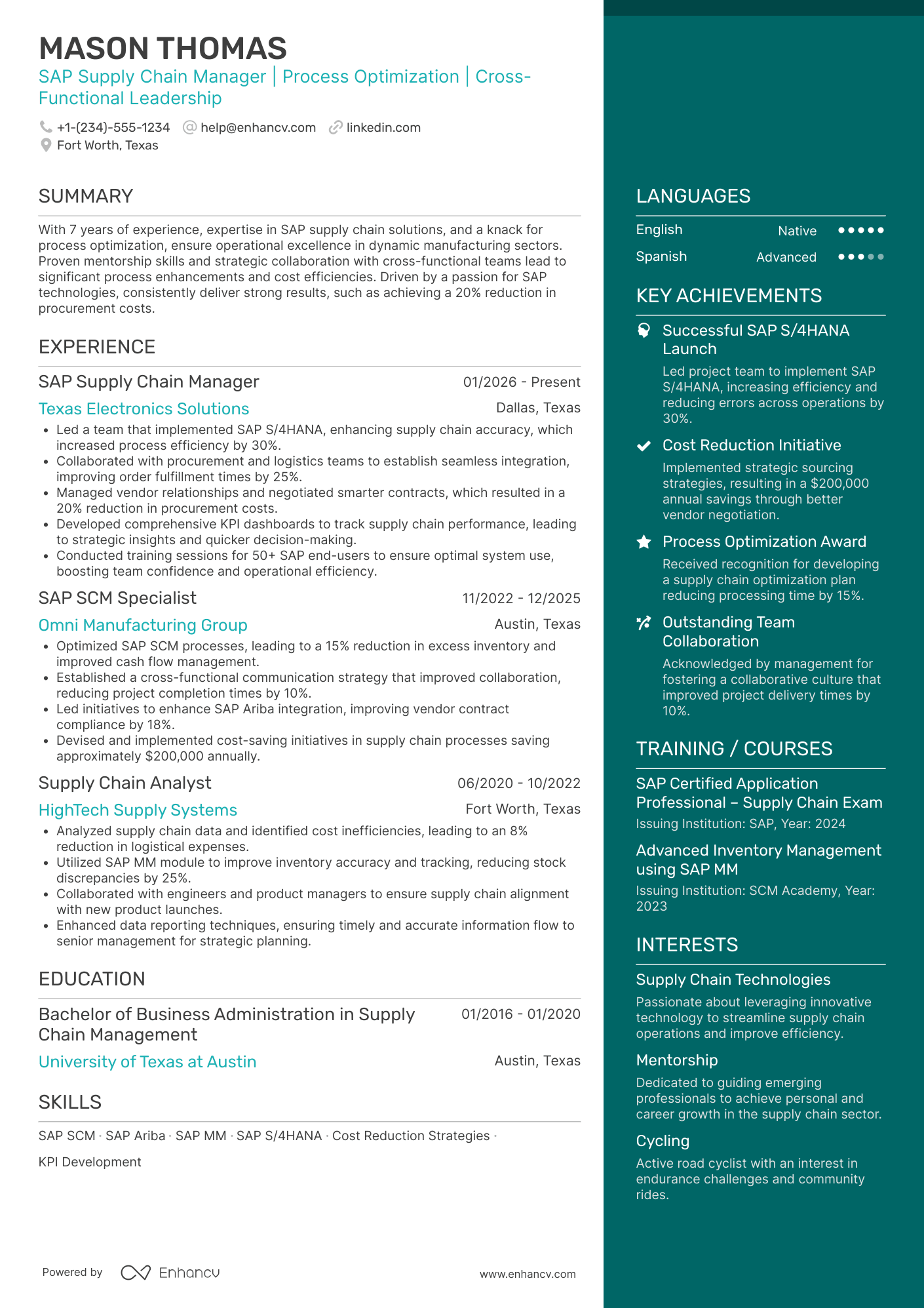 A resume example of a SAP Supply Chain Manager