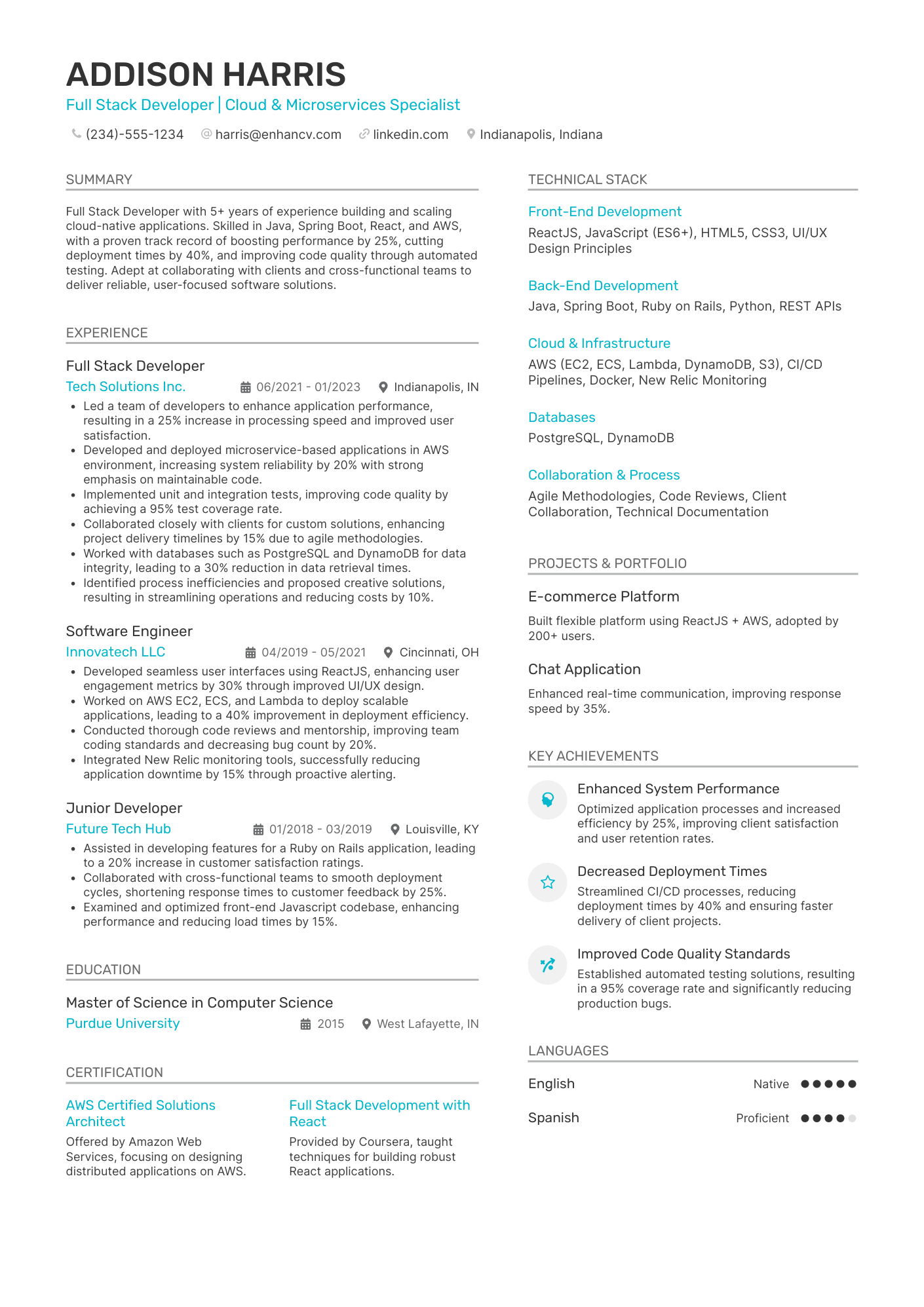 A resume example of a Mid Level Full Stack Developer