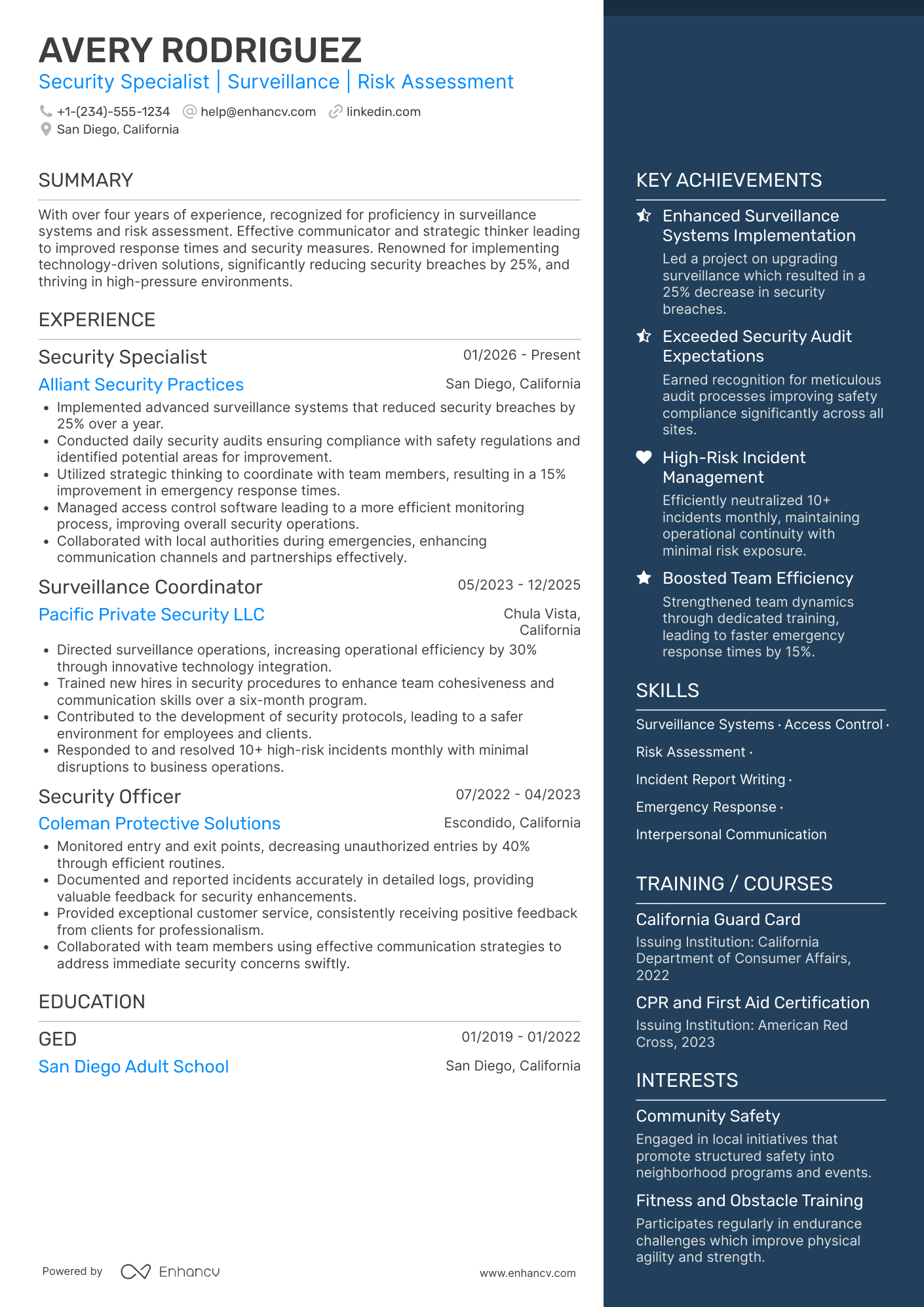 A resume example of a Private Security Guard