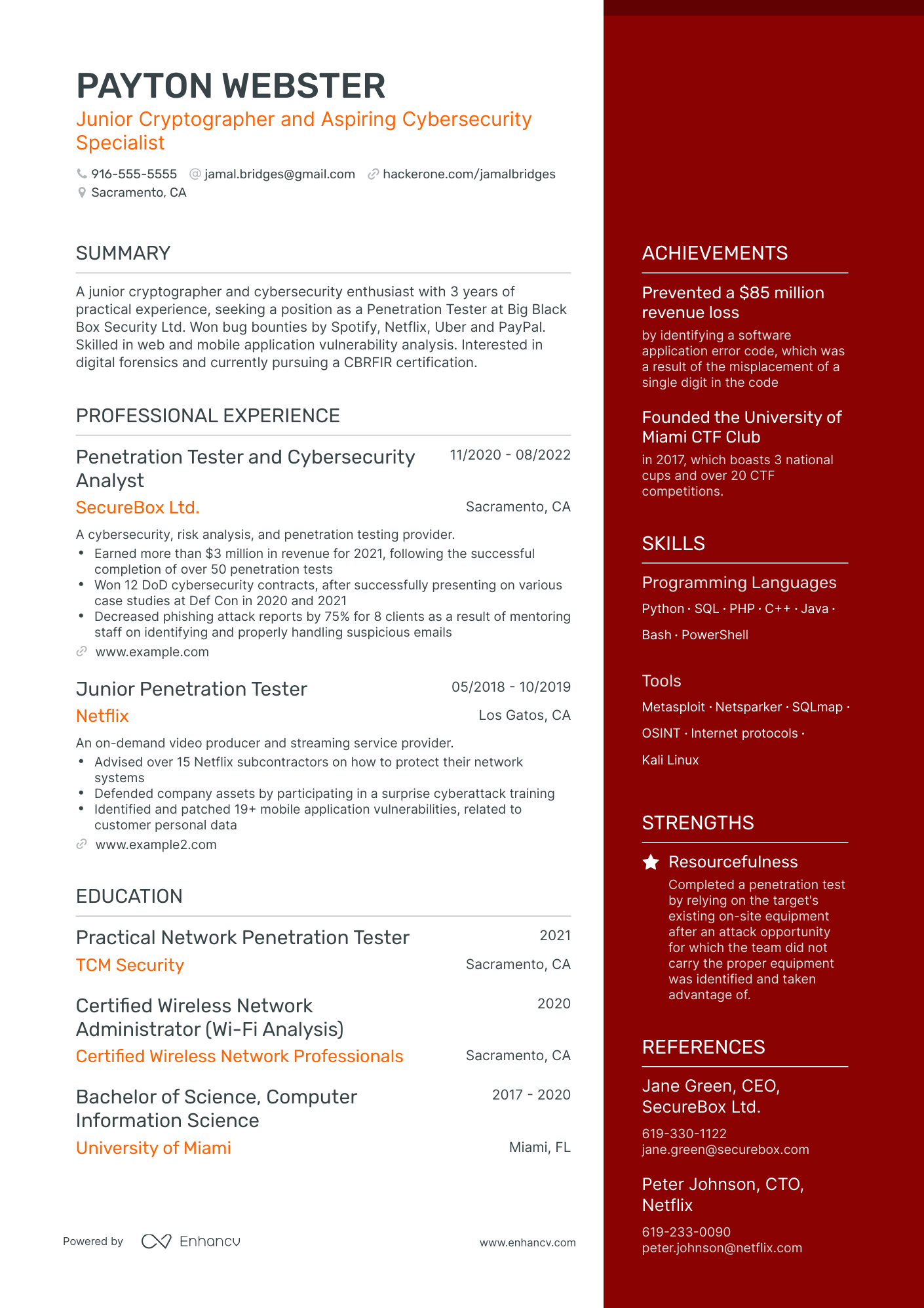 One Page Penetration Tester Resume Template