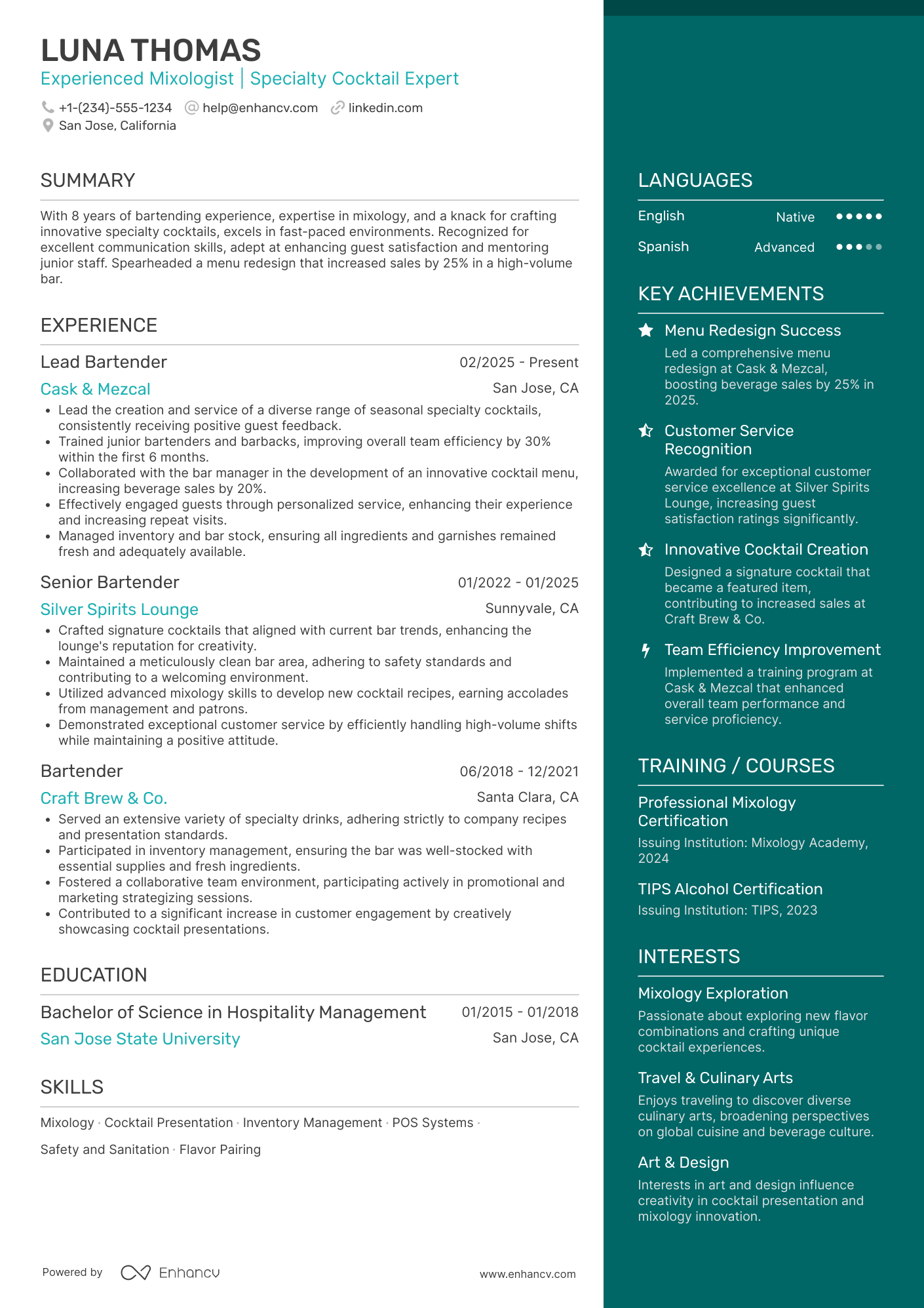 A resume example of a Specialty Drink Bartender