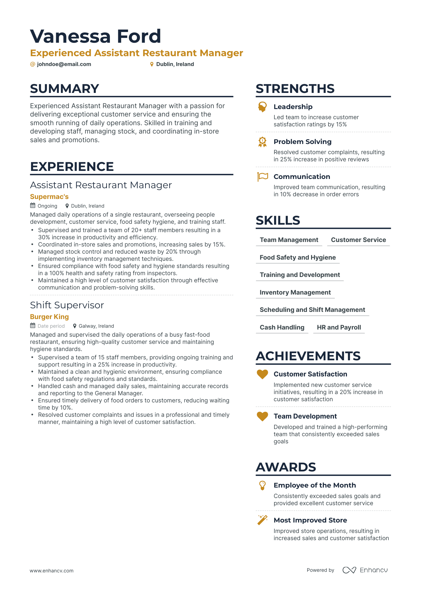 Simple Assistant Restaurant Manager Resume Template