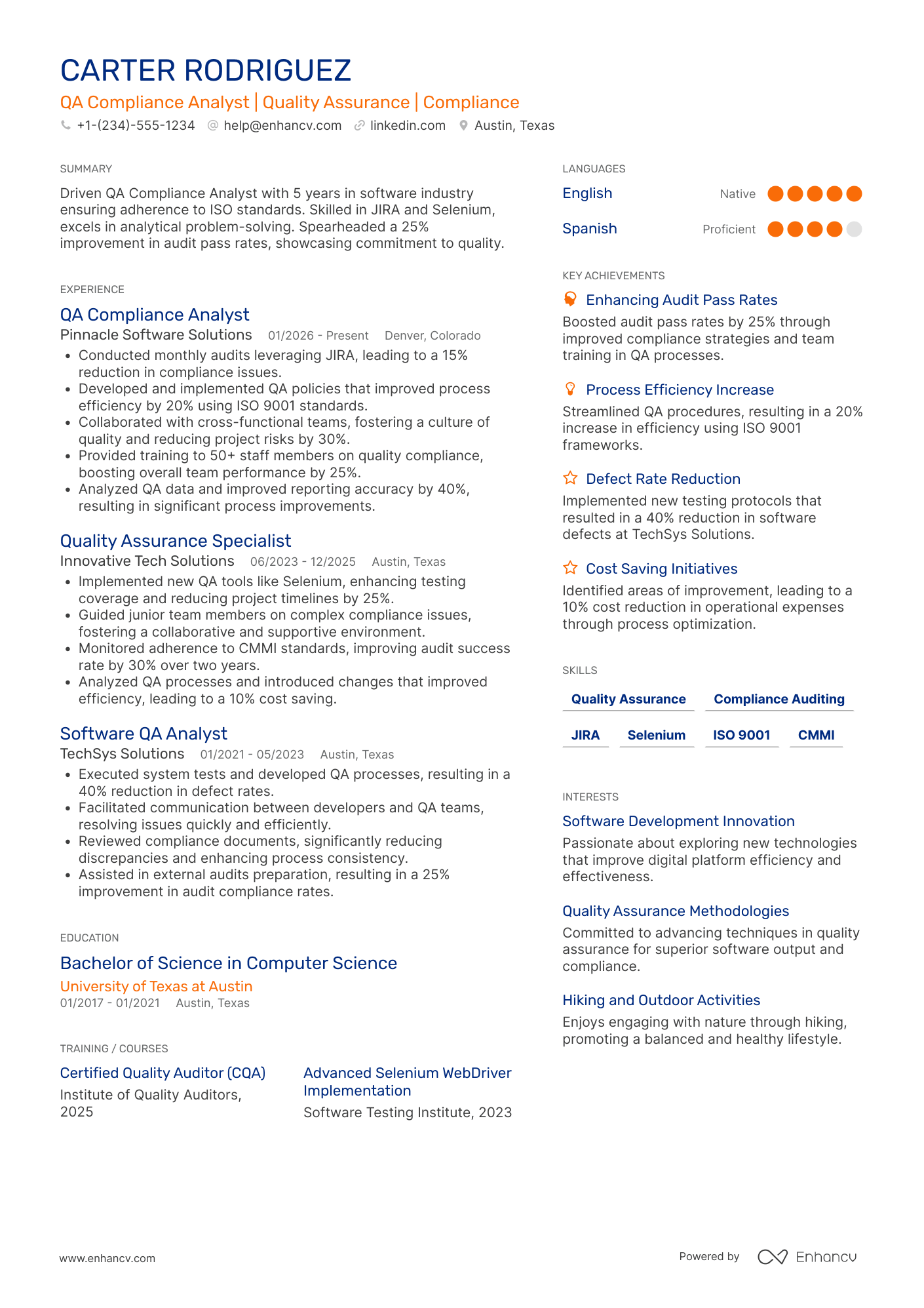 A resume example of a QA Compliance Analyst