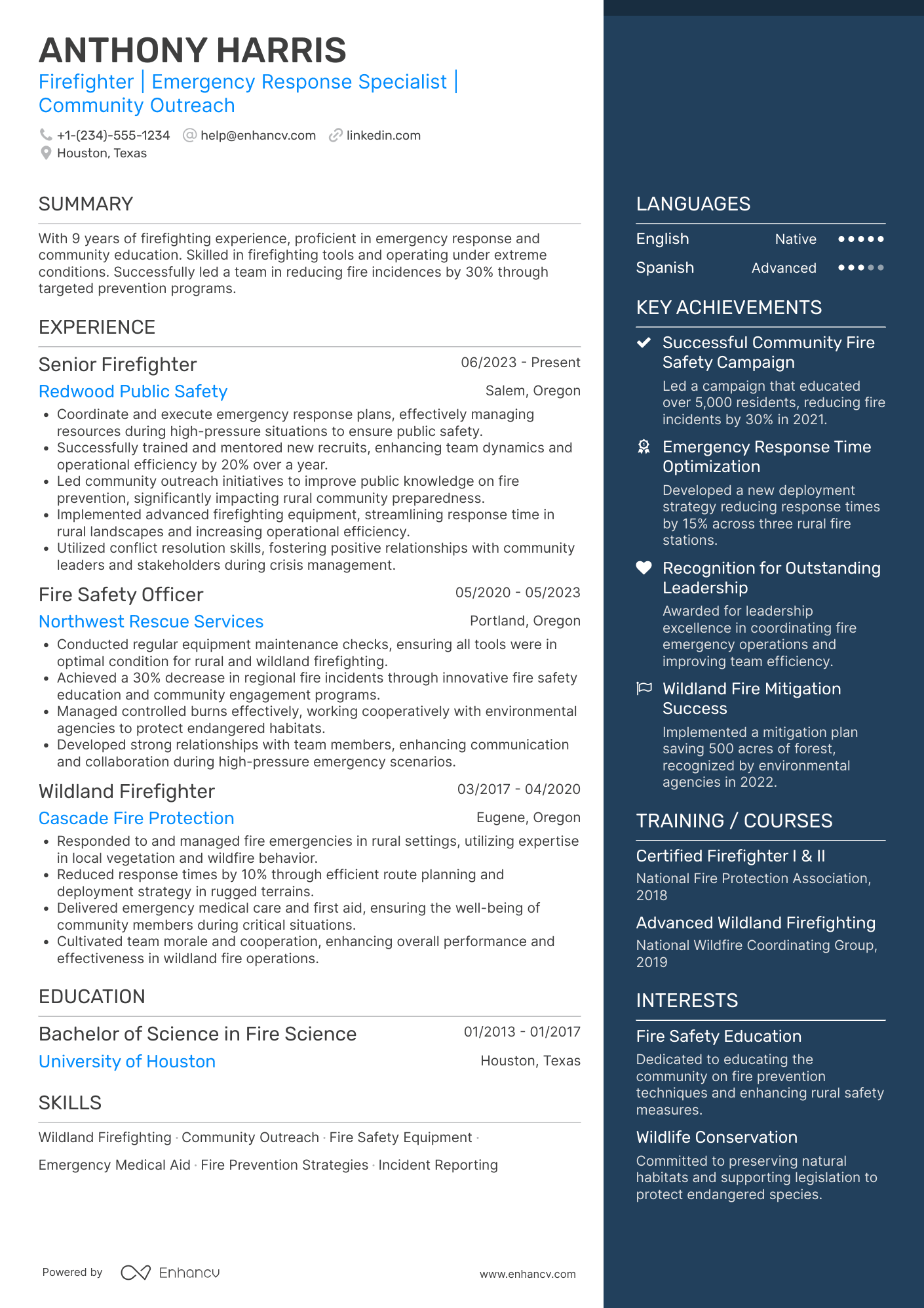 A resume example of a Rural Firefighter