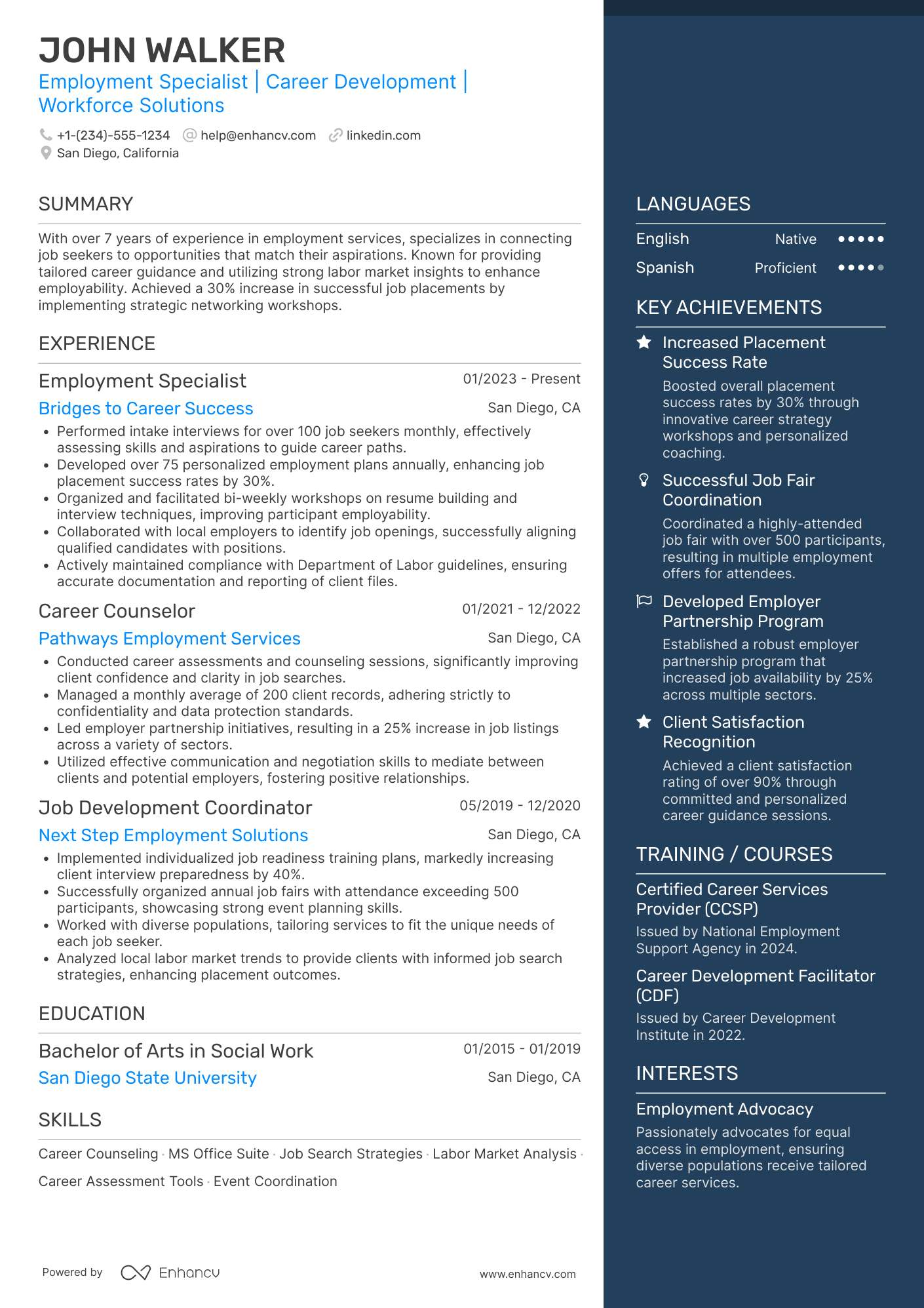 A resume example of a US Department of Labor Employment Specialist