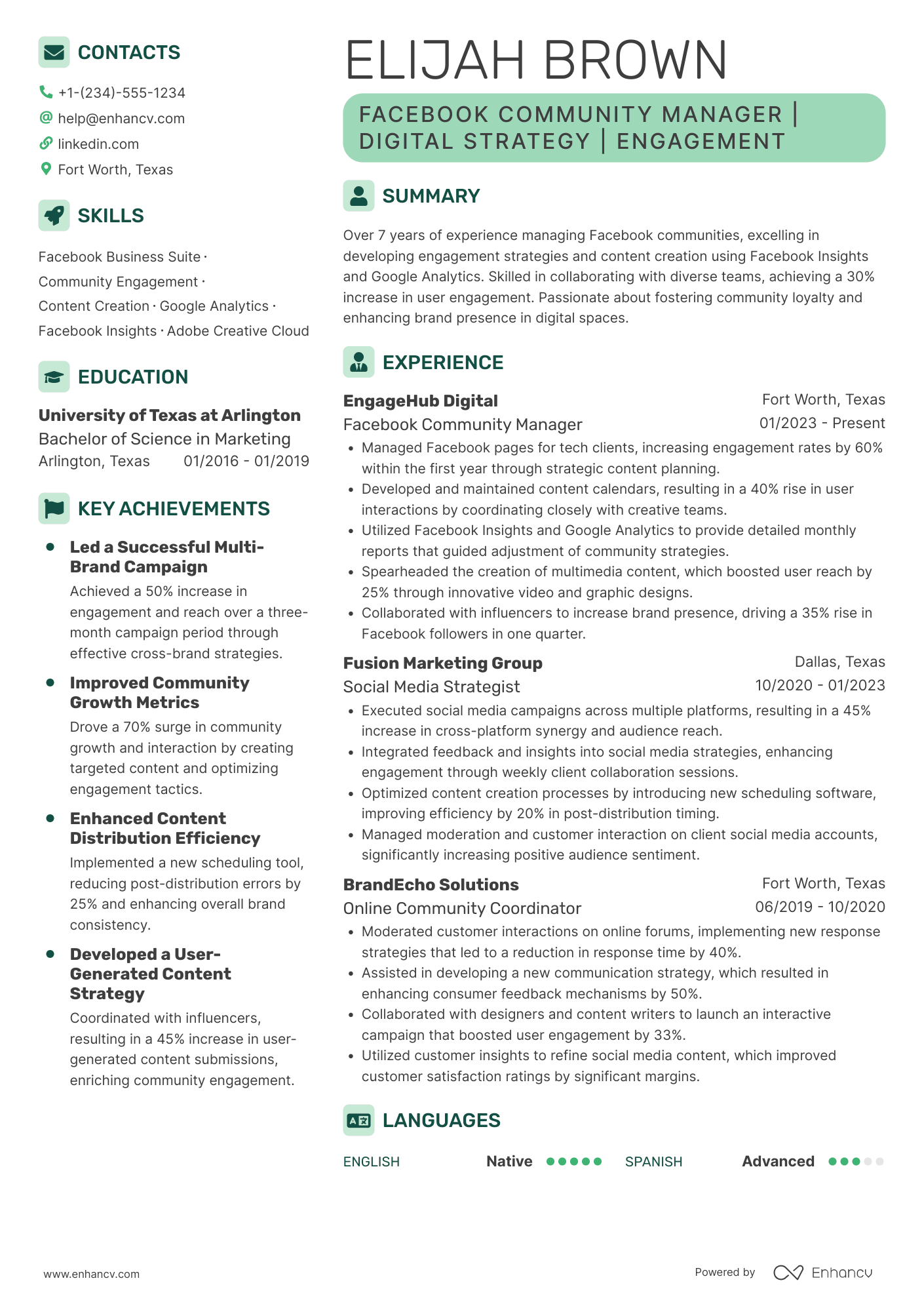 A resume example of a Facebook Community Manager
