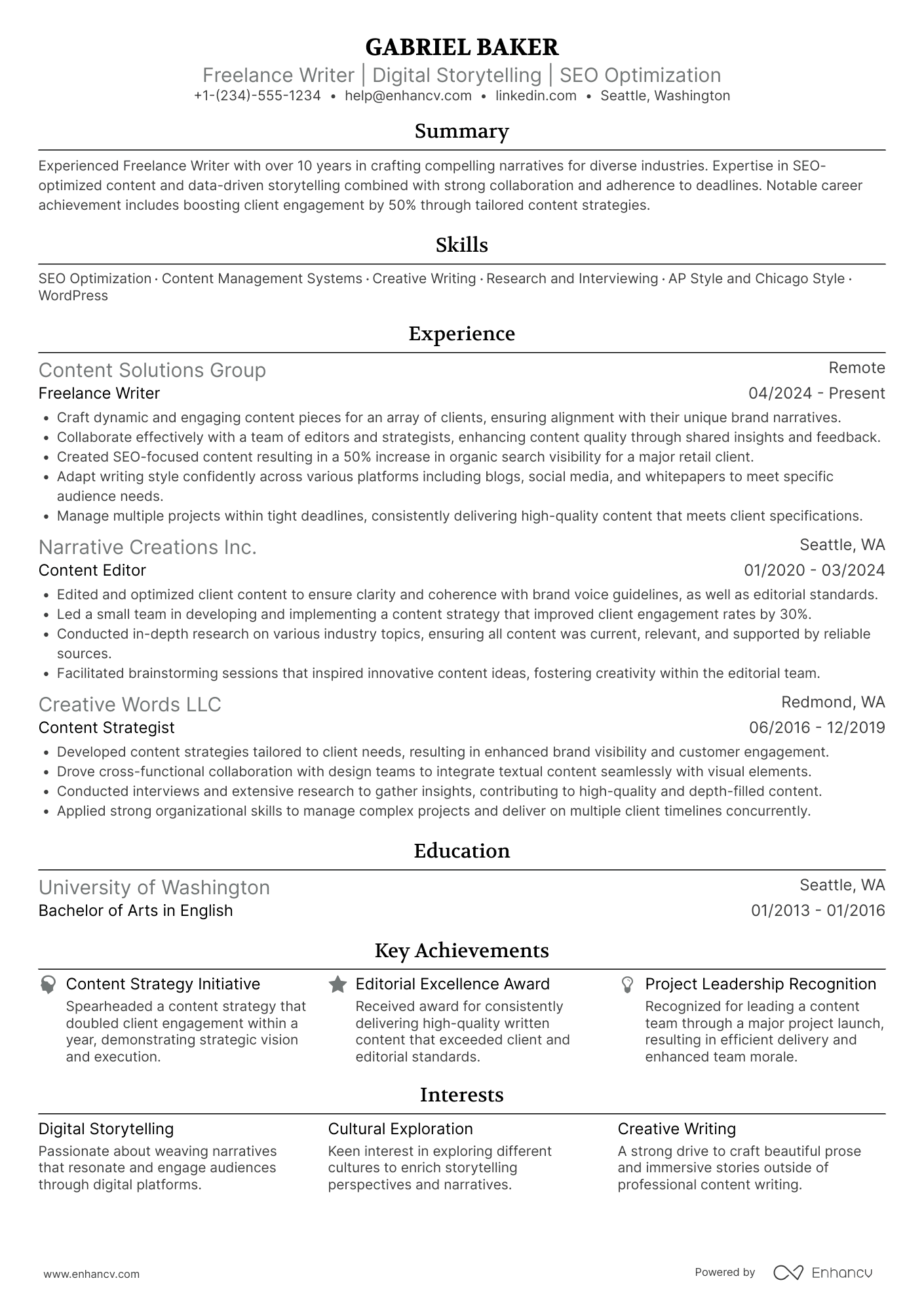 A resume example of a Freelance Writer