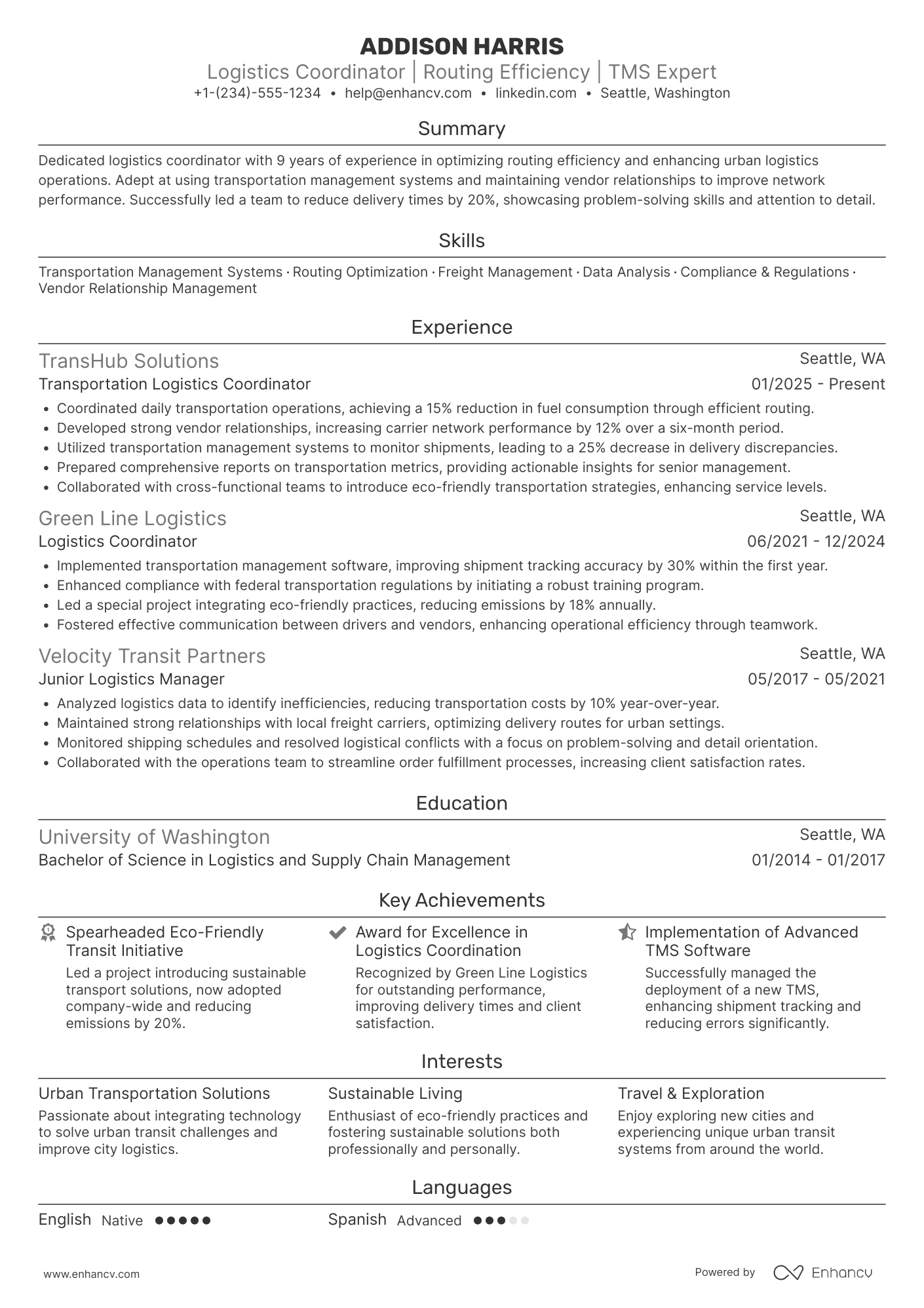 A resume example of a Transportation Logistics Coordinator