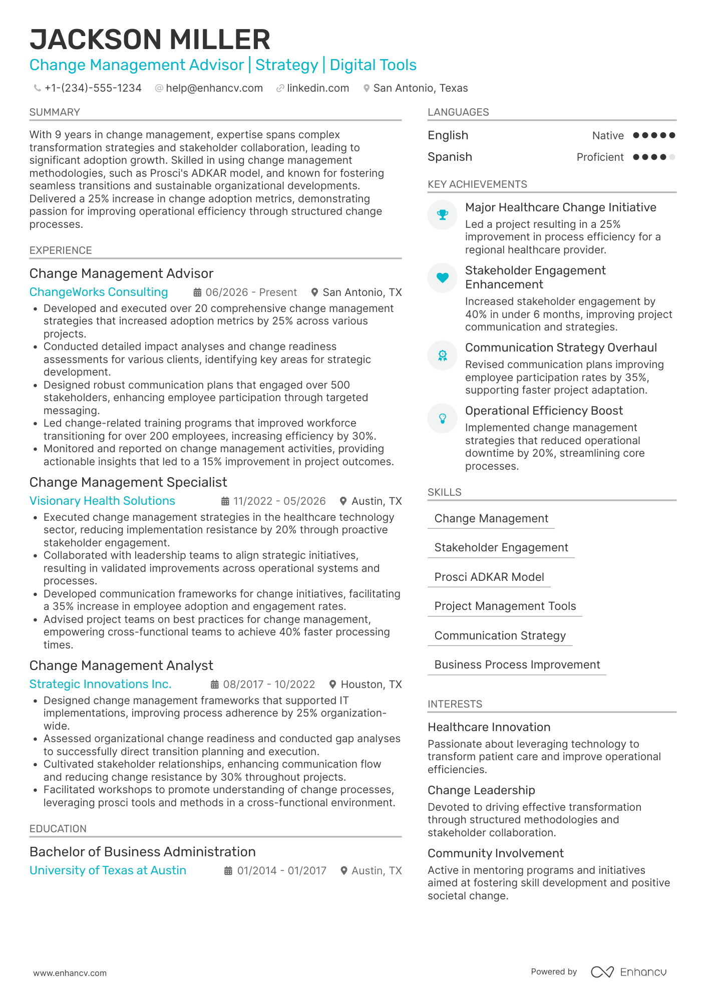 A resume example of a Change Management Advisor