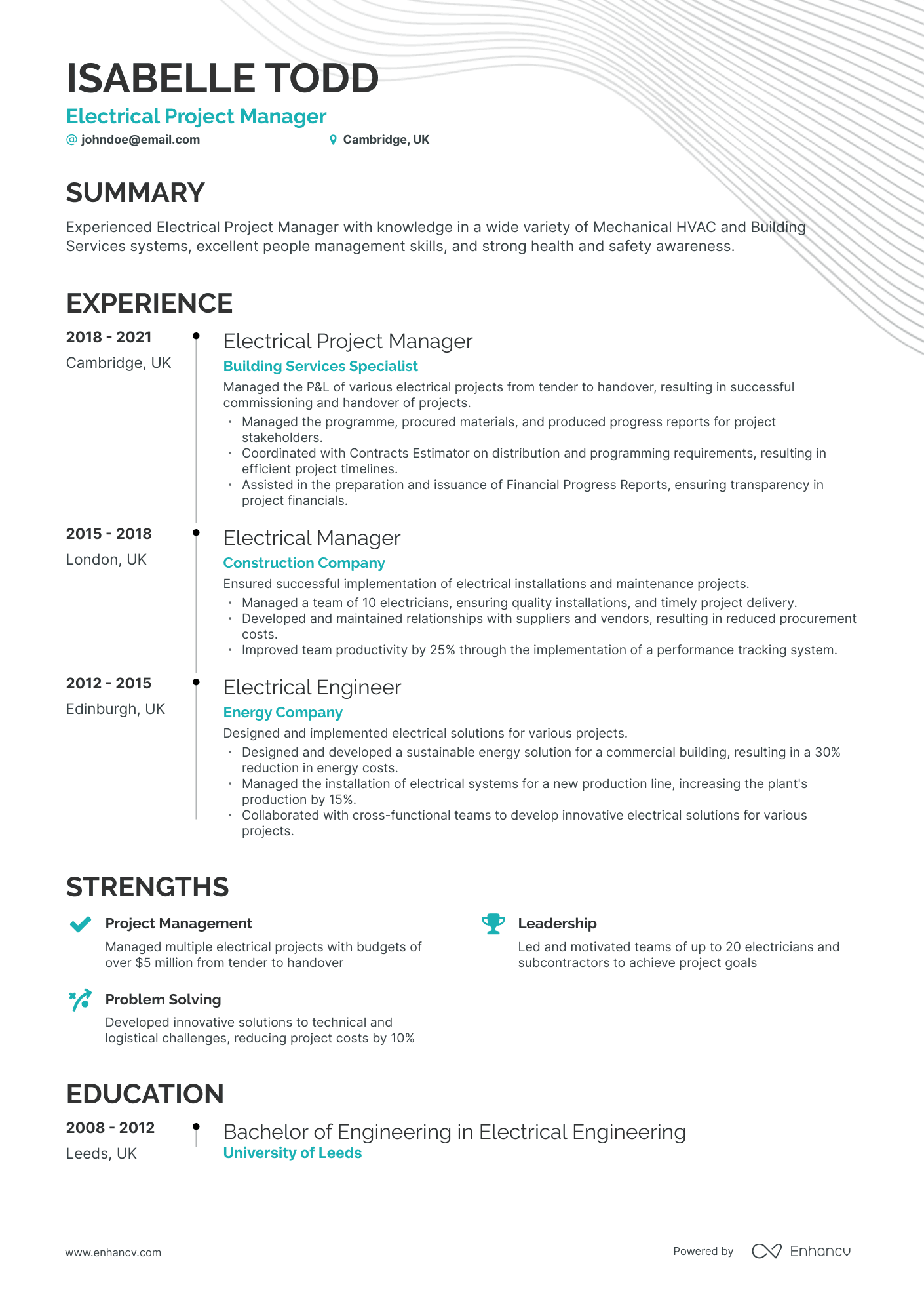 Timeline Electrical Manager Resume Template