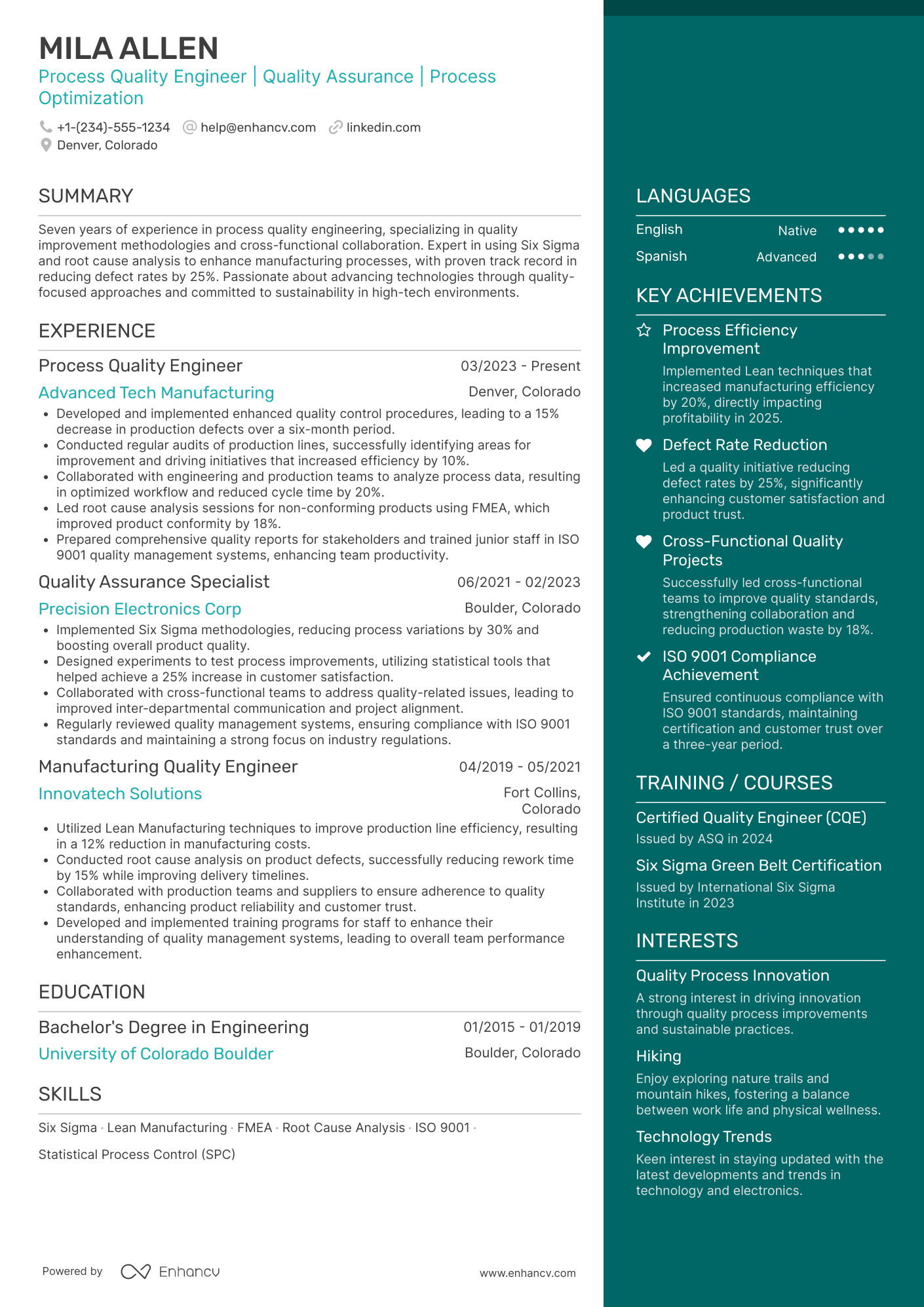 A resume example of a Process Quality Engineer