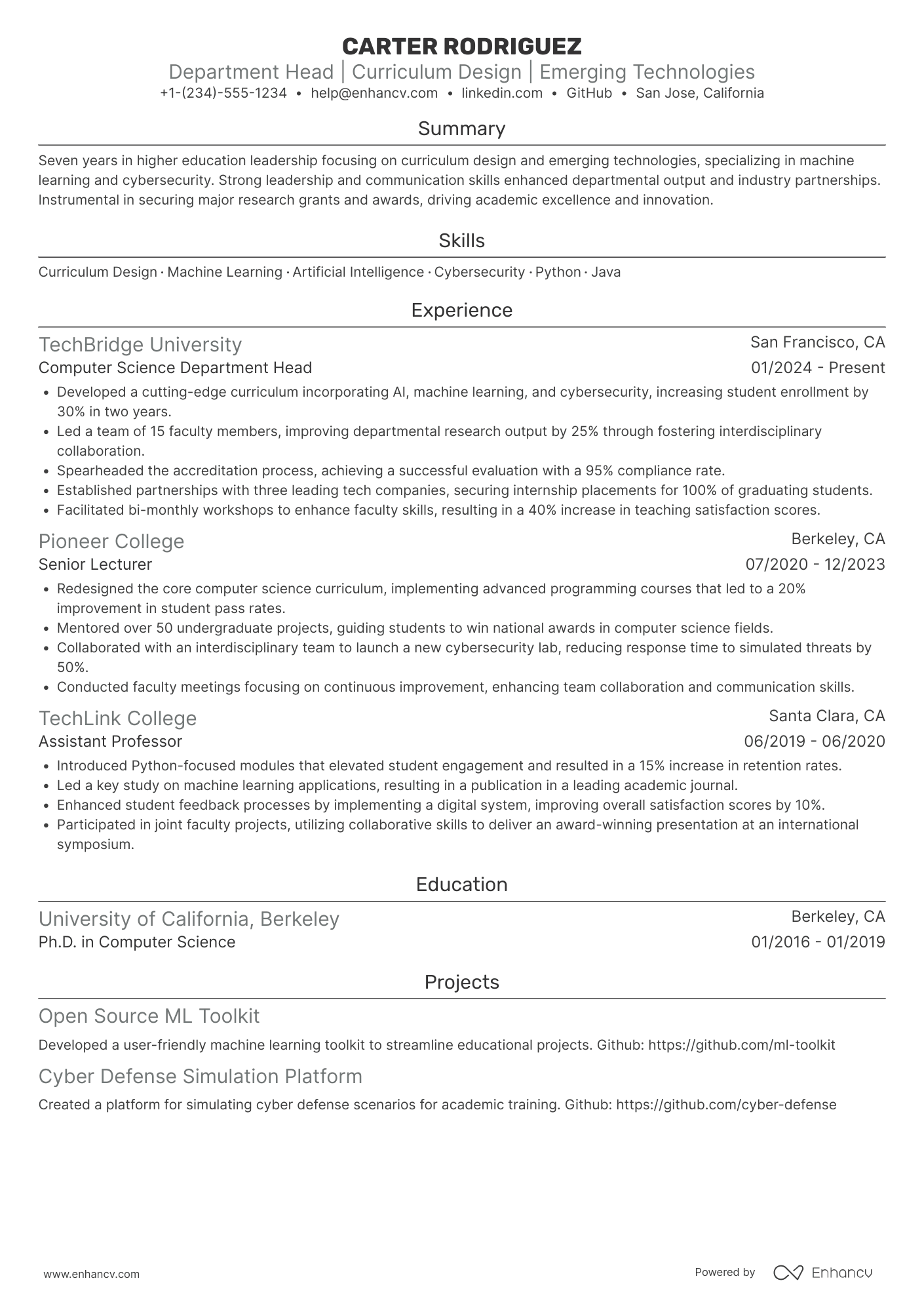 A resume example of a Computer Science Department Head