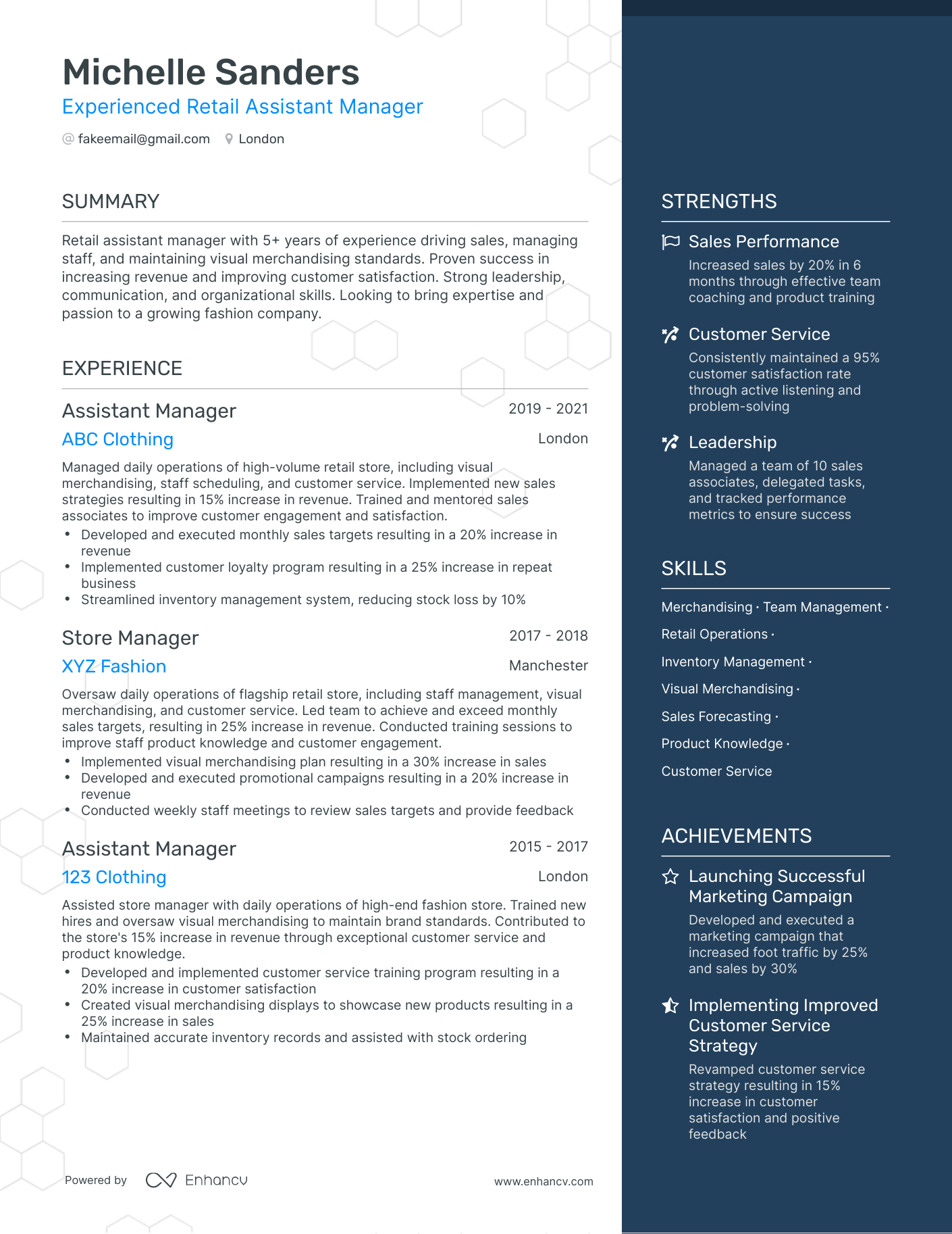 One Page Assistant Manager Retail Resume Template