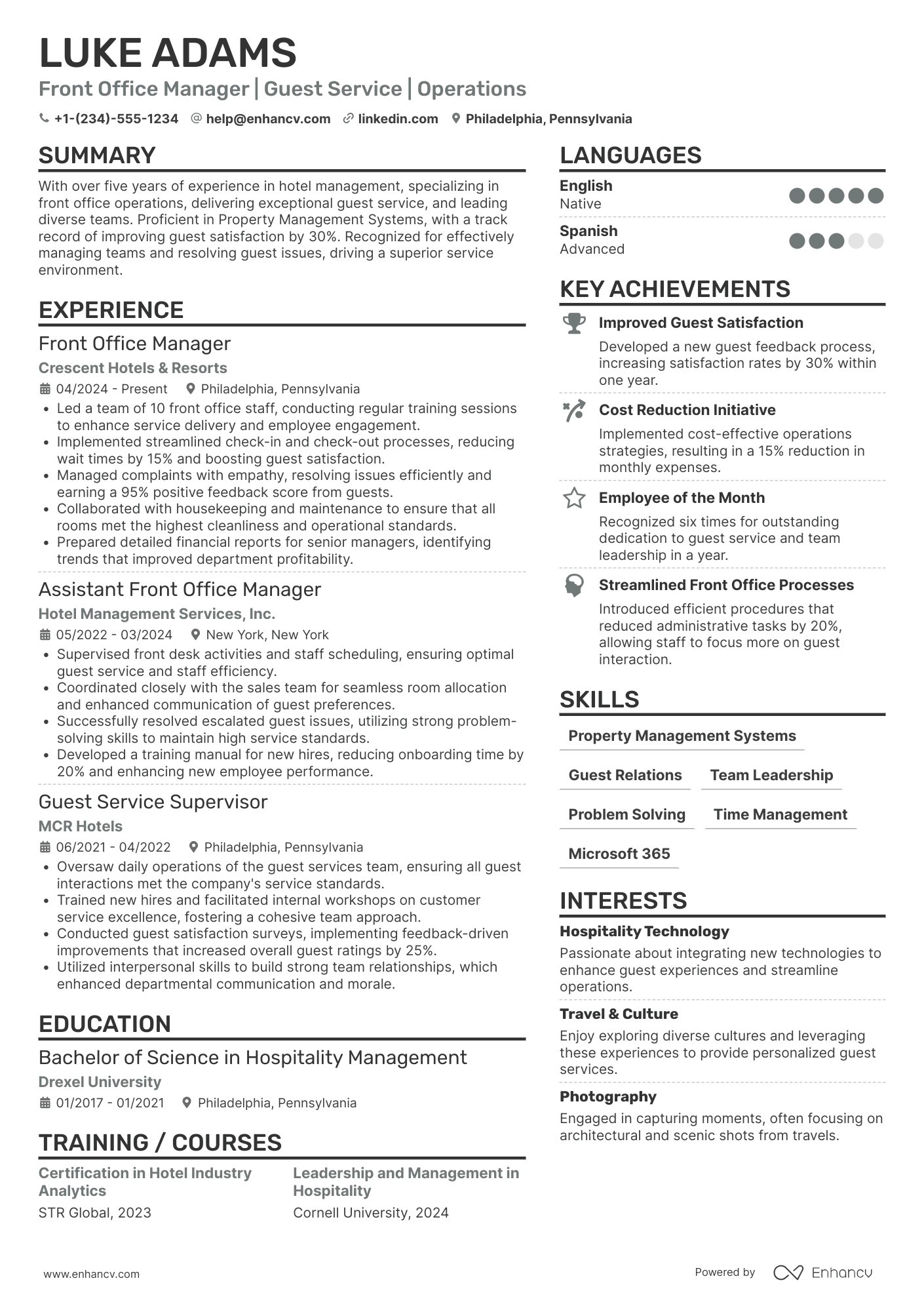 A resume example of a Front Office Manager