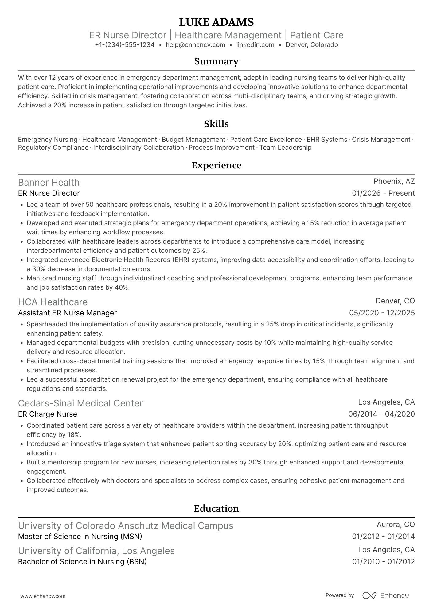 A resume example of a ER Nurse Director