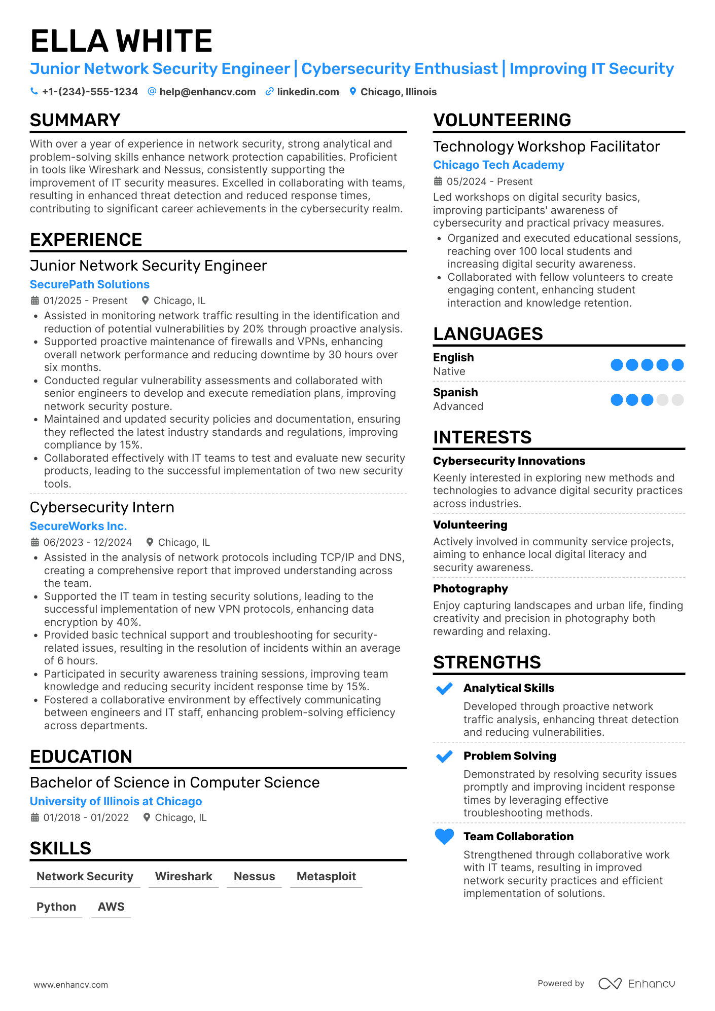 A resume example of a Junior Network Security Engineer