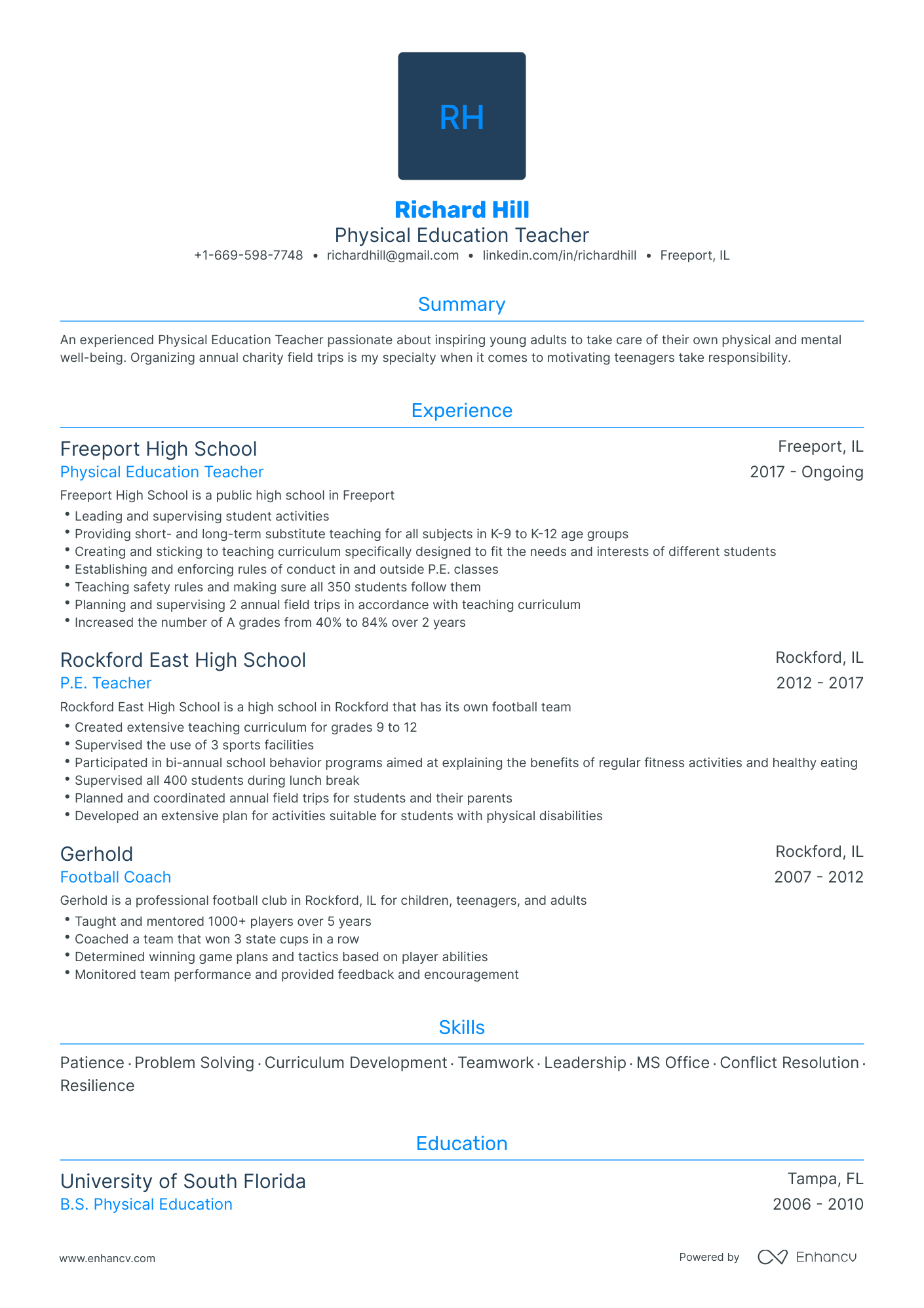 Traditional Physical Education Teacher Resume Template