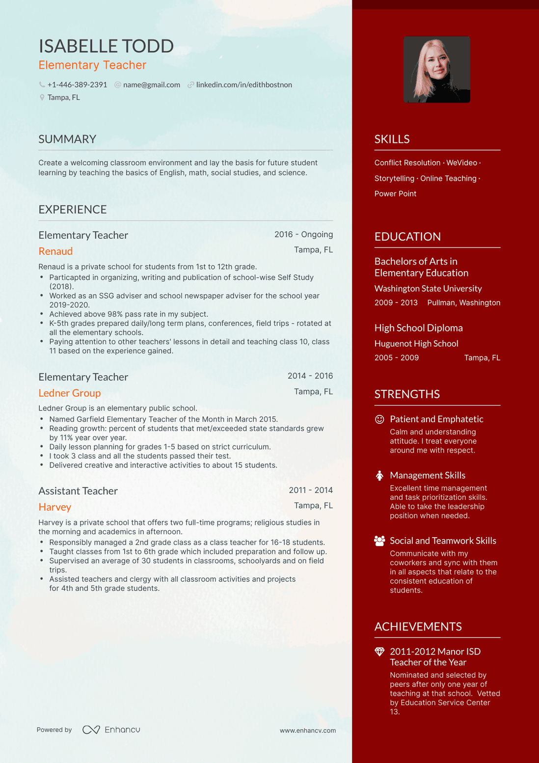 One Page Elementary Teacher Resume Template