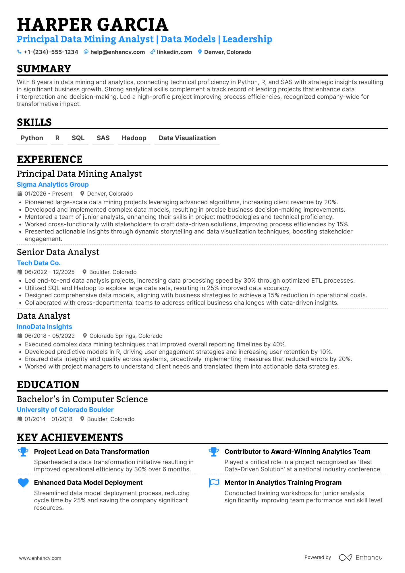 A resume example of a Principal Data Mining Analyst