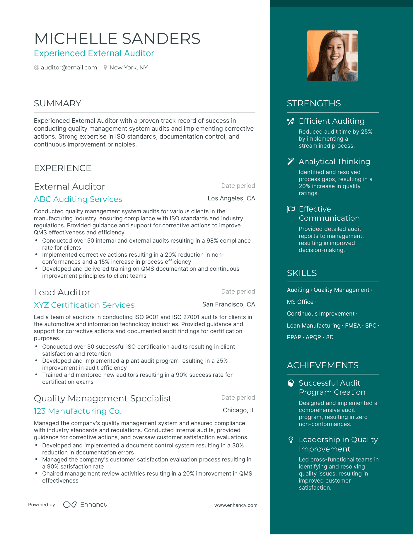 One Page External Auditor Resume Template