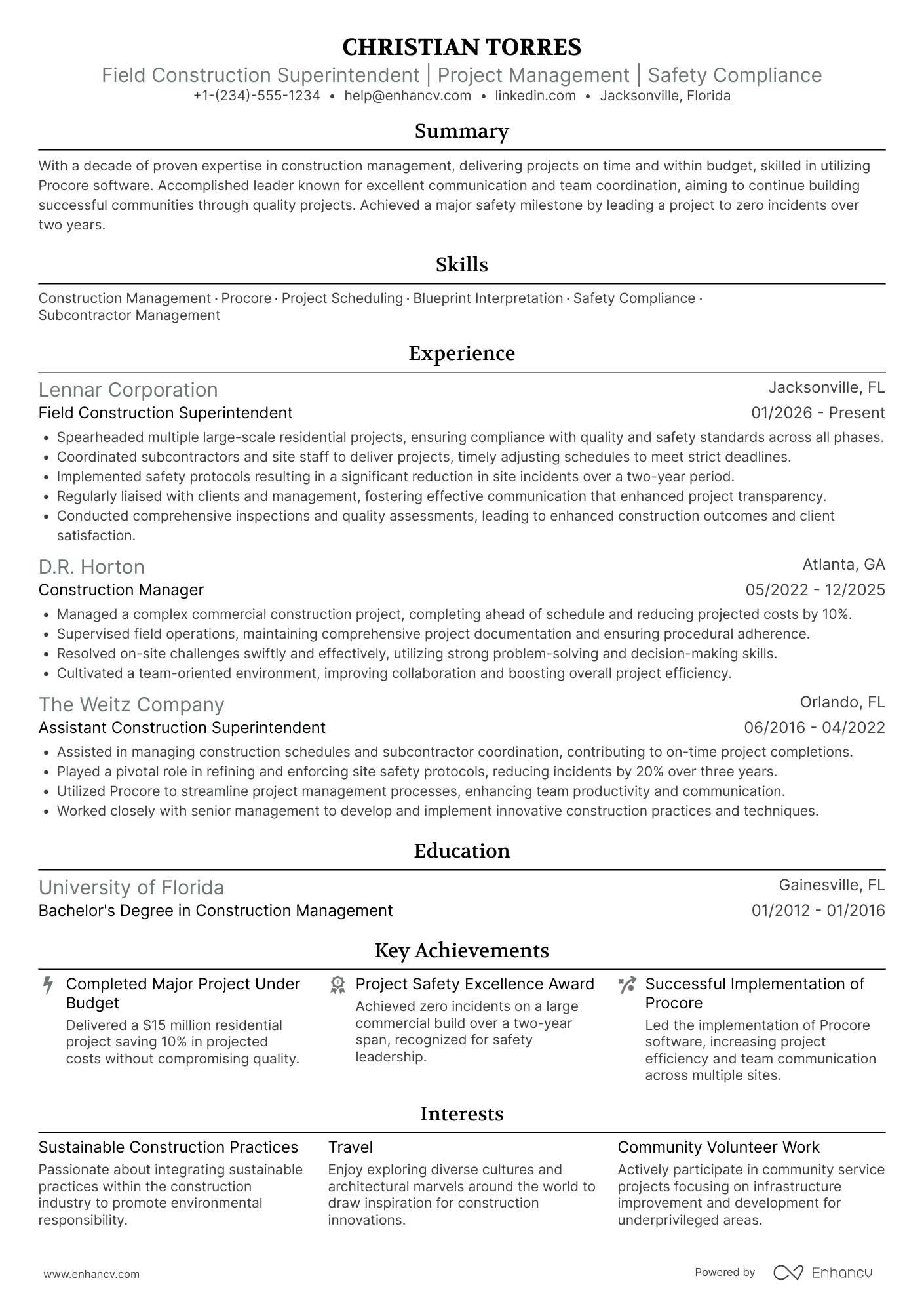 A resume example of a Field Construction Superintendent