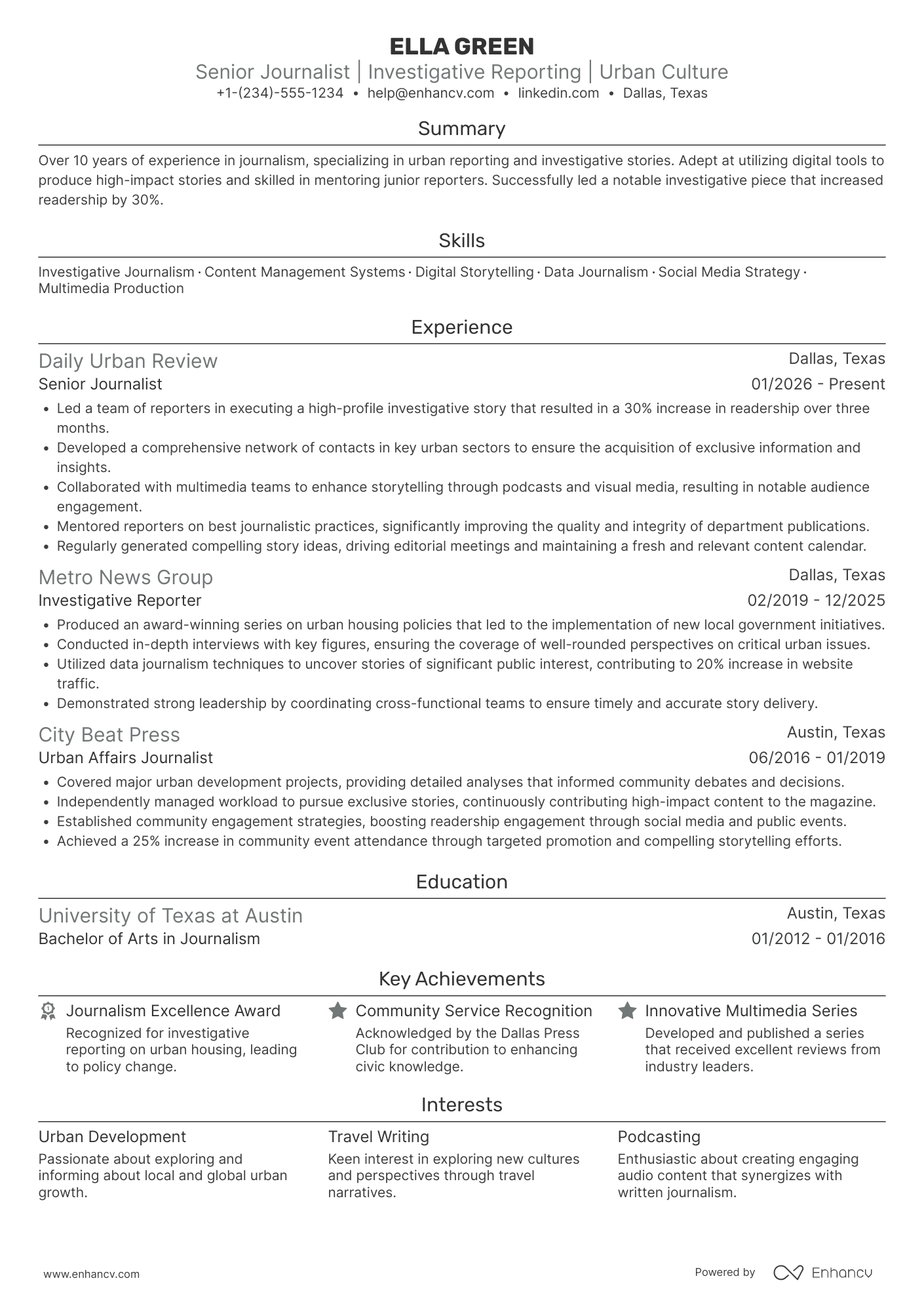A resume example of a Senior Journalist
