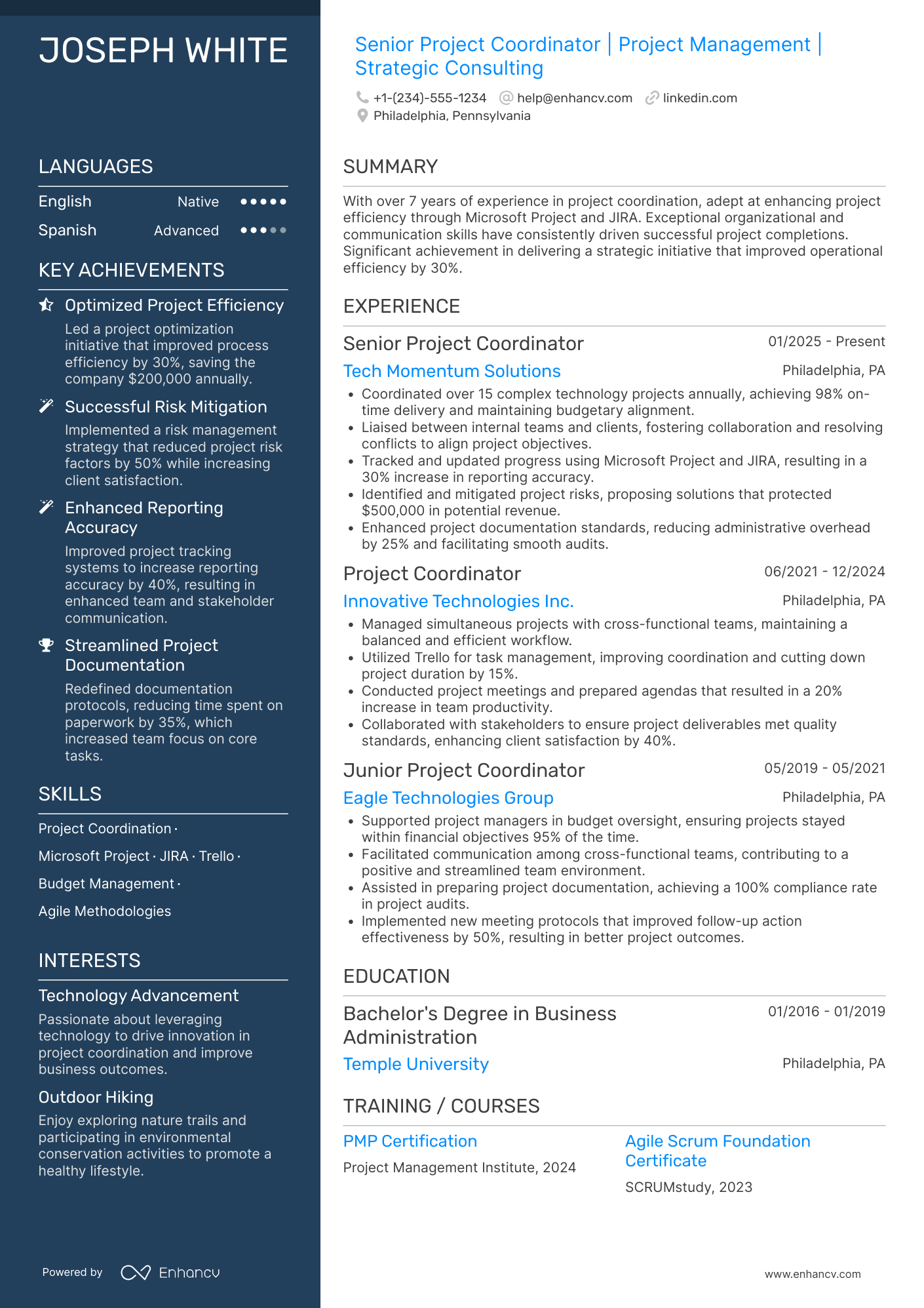 A resume example of a Senior Project Coordinator