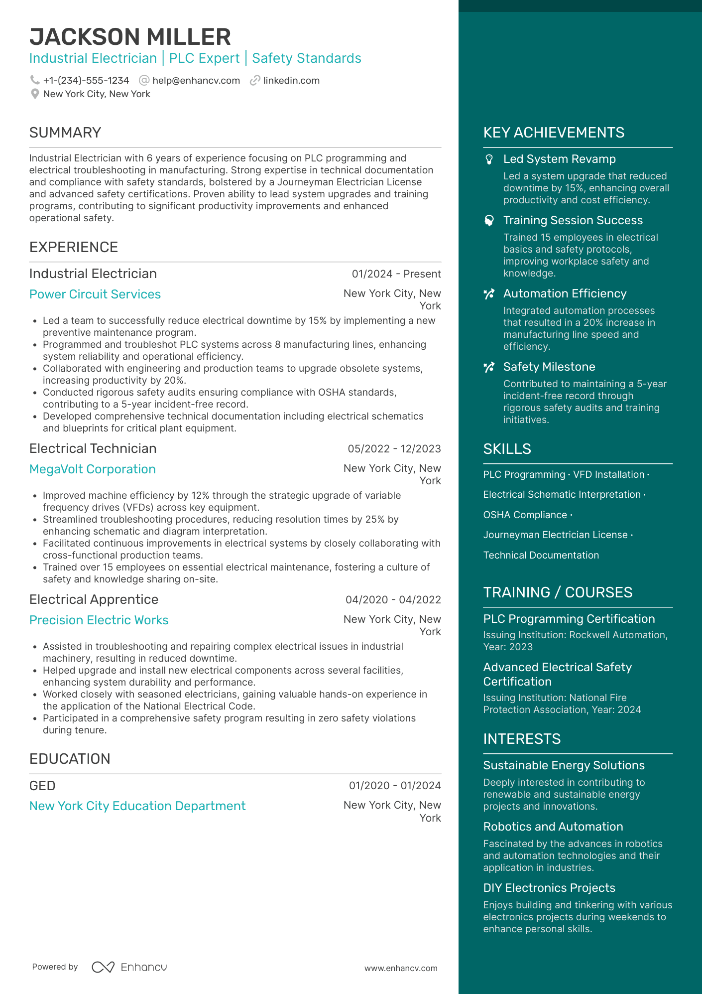 A resume example of a Industrial Electrician