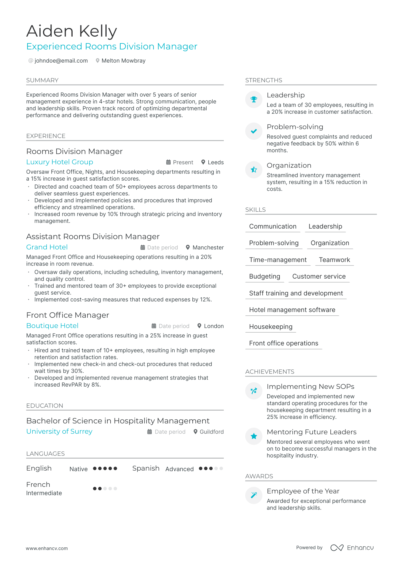 A resume example of a Rooms Division Manager