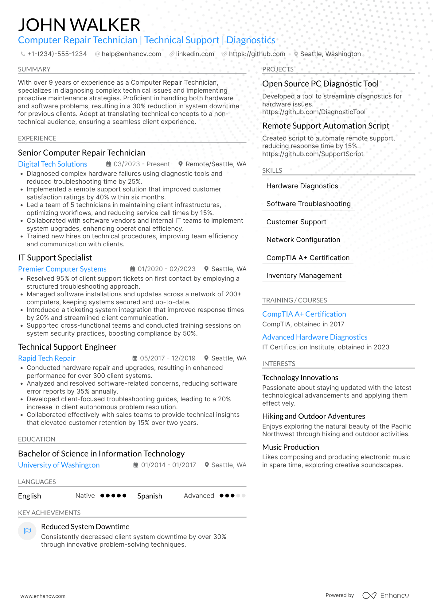 A resume example of a Computer Repair Technician