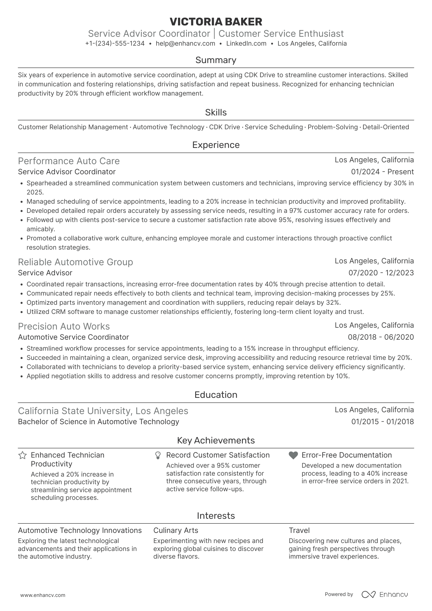 A resume example of a Service Advisor Coordinator