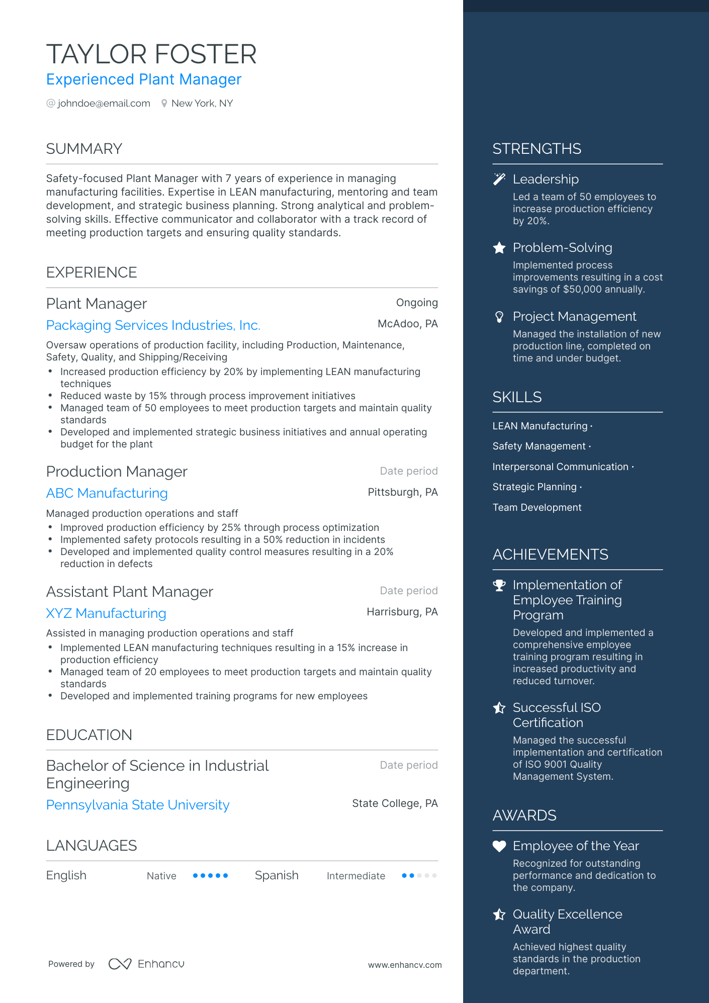 One Page Plant Manager Resume Template
