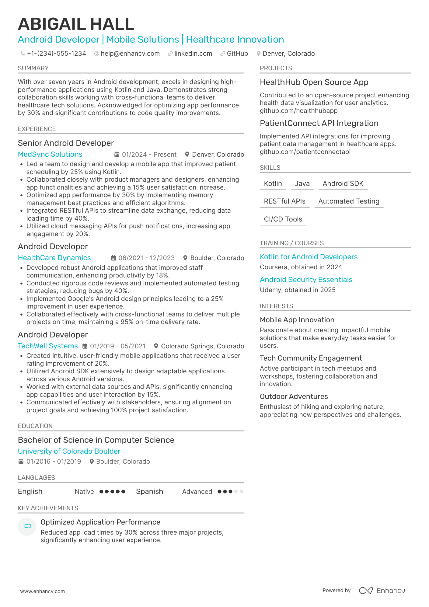A resume example of a Android Platform Developer