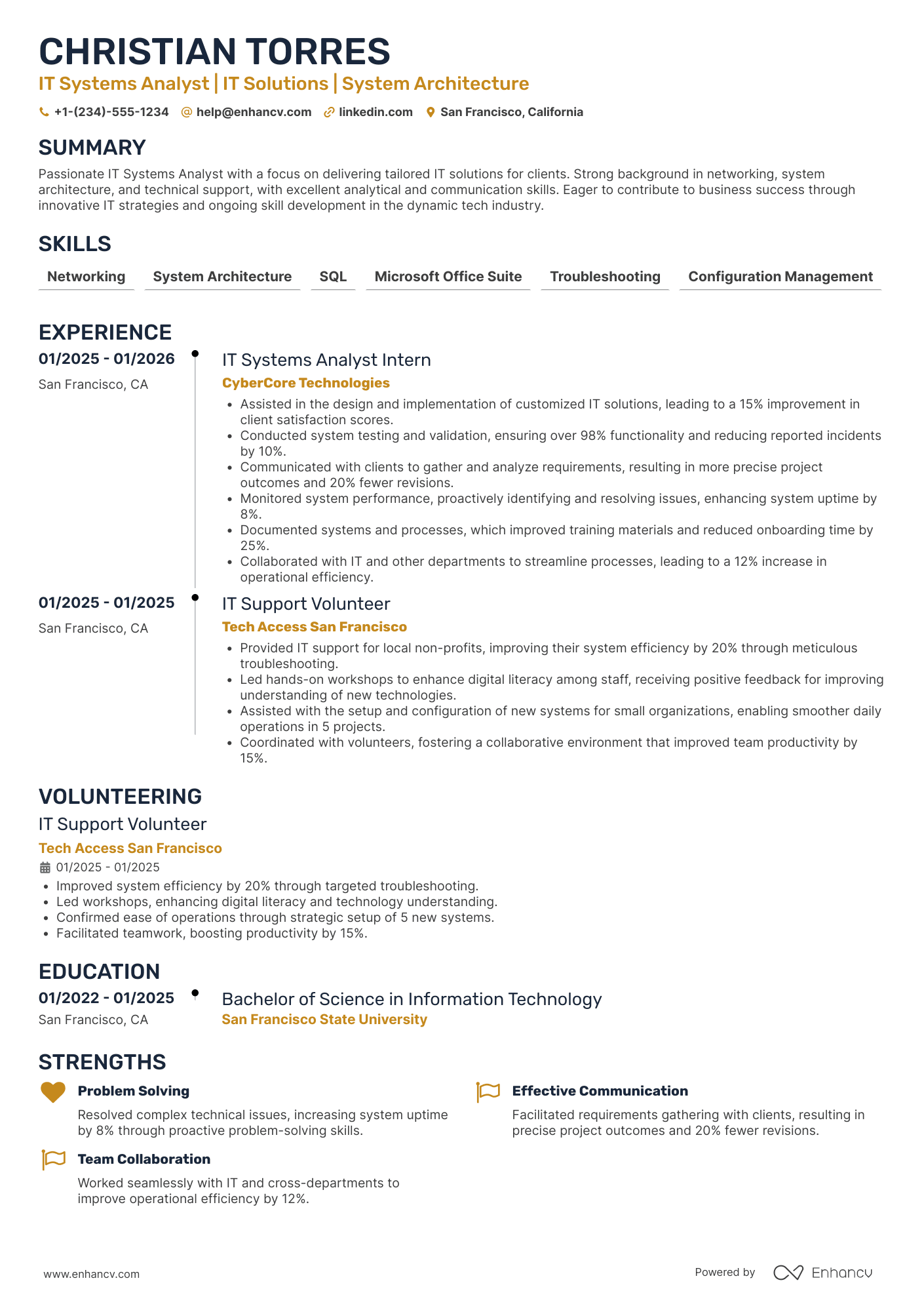 A resume example of a Entry Level IT Systems Analyst