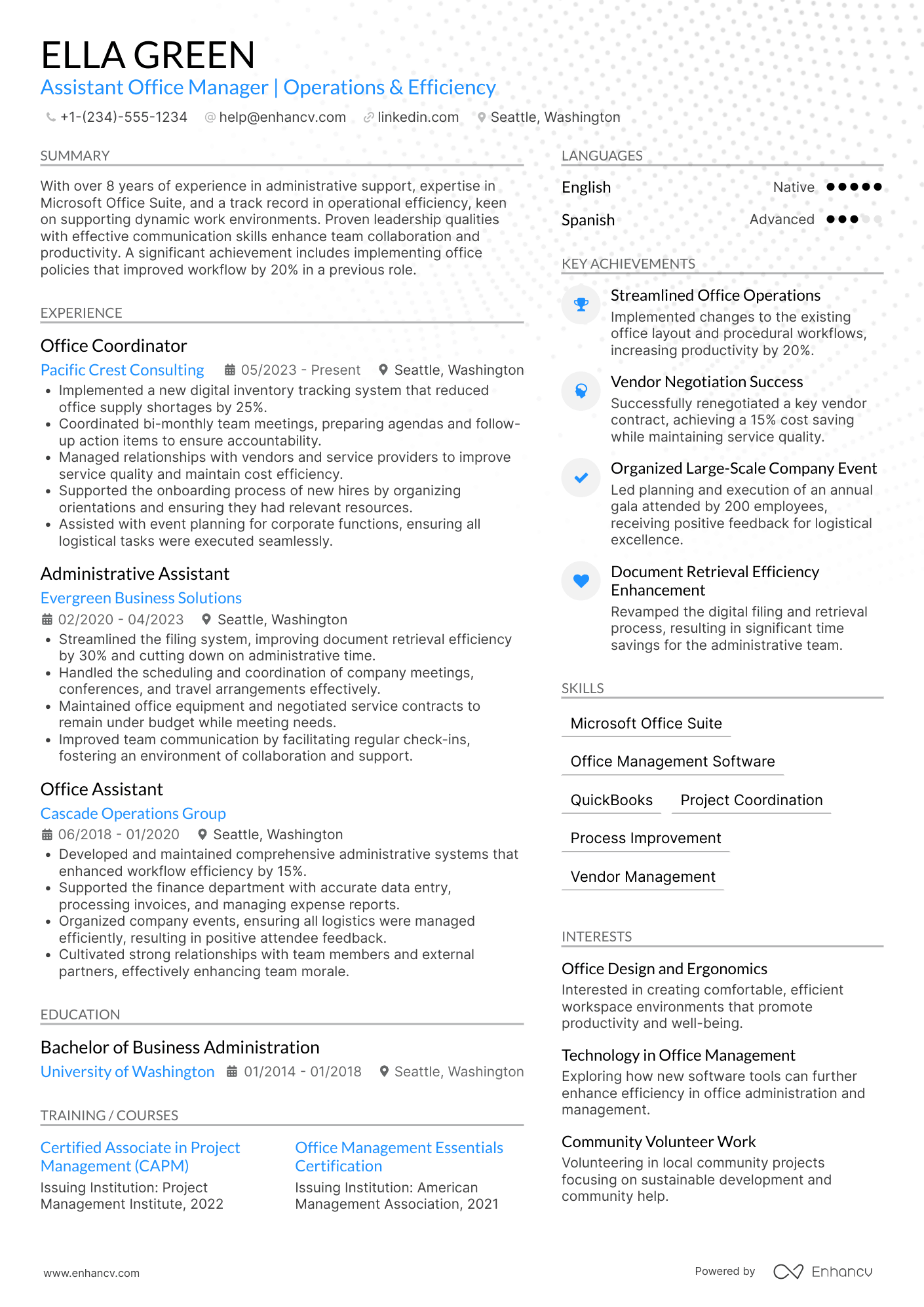 A resume example of a Assistant Office Manager
