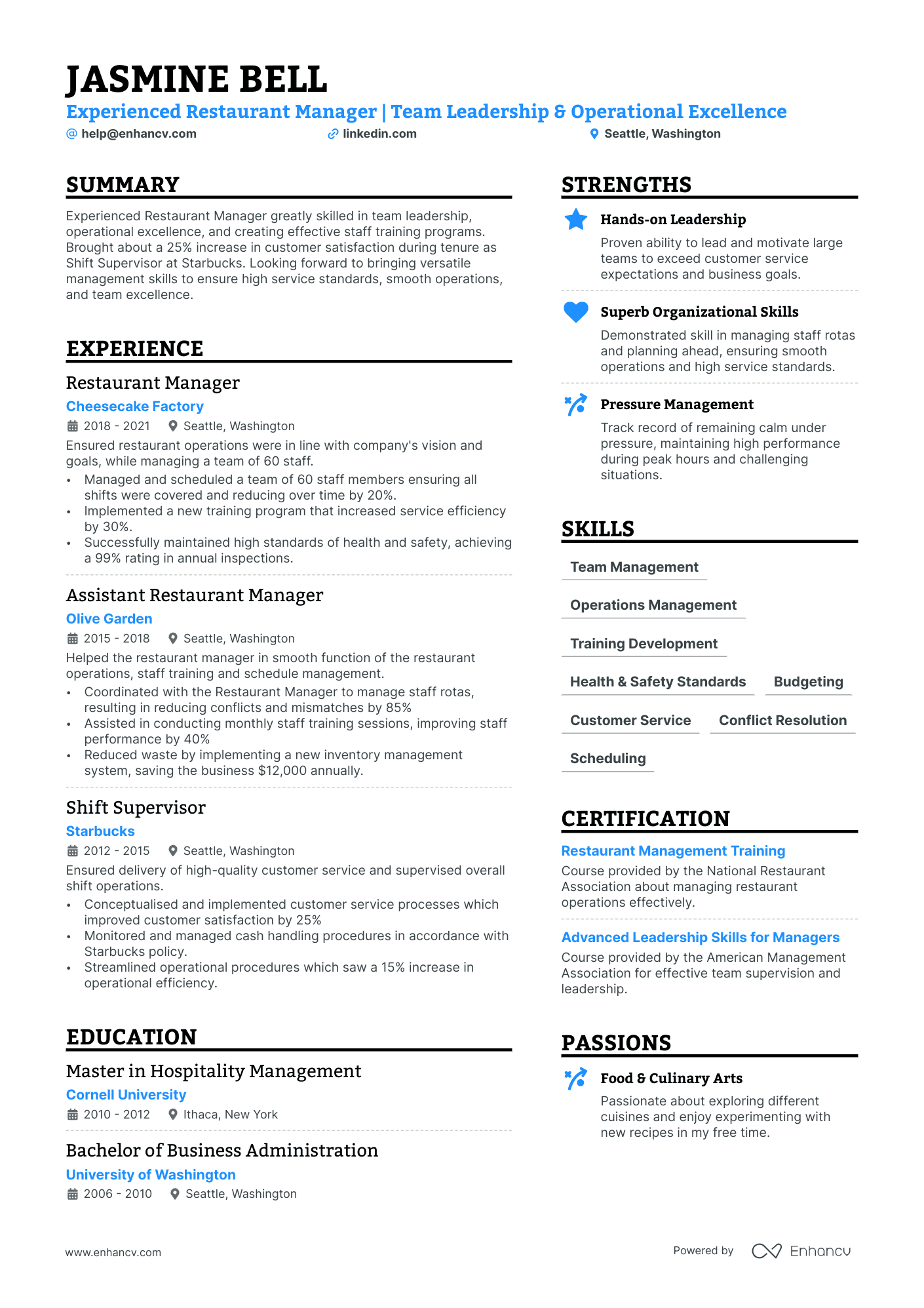 restaurant assistant manager resume summary