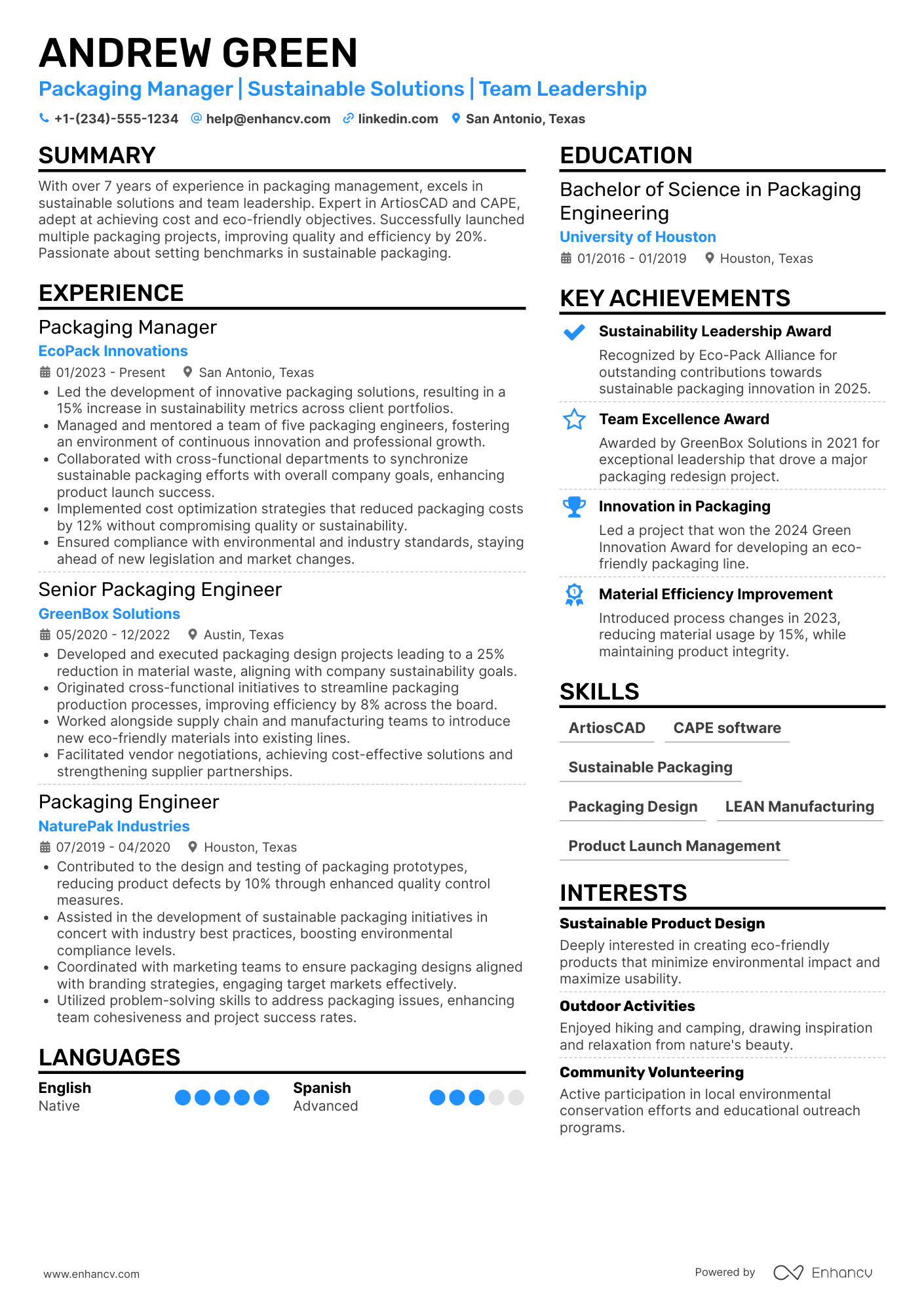 A resume example of a Packaging Manager
