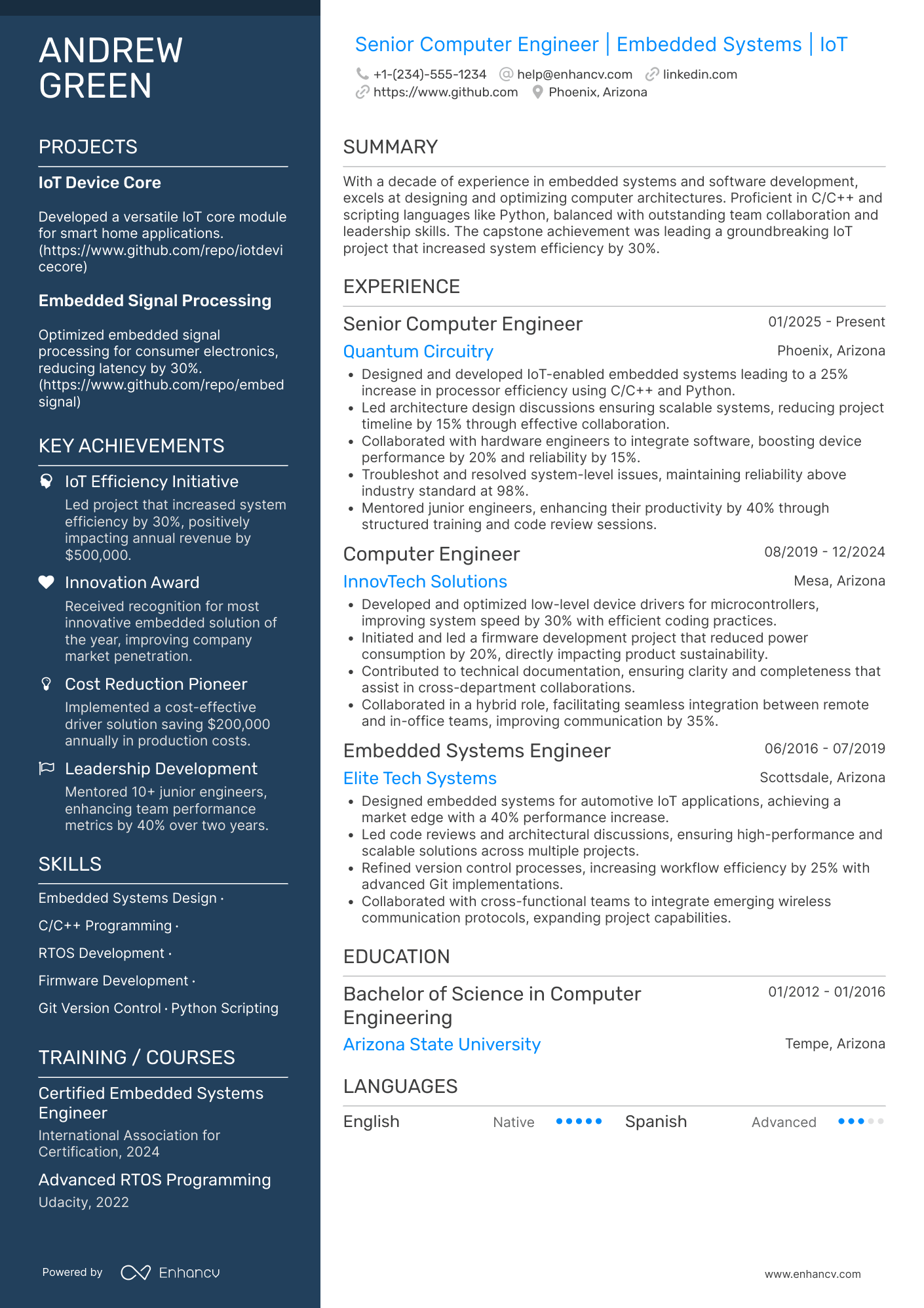 A resume example of a Senior Computer Engineer
