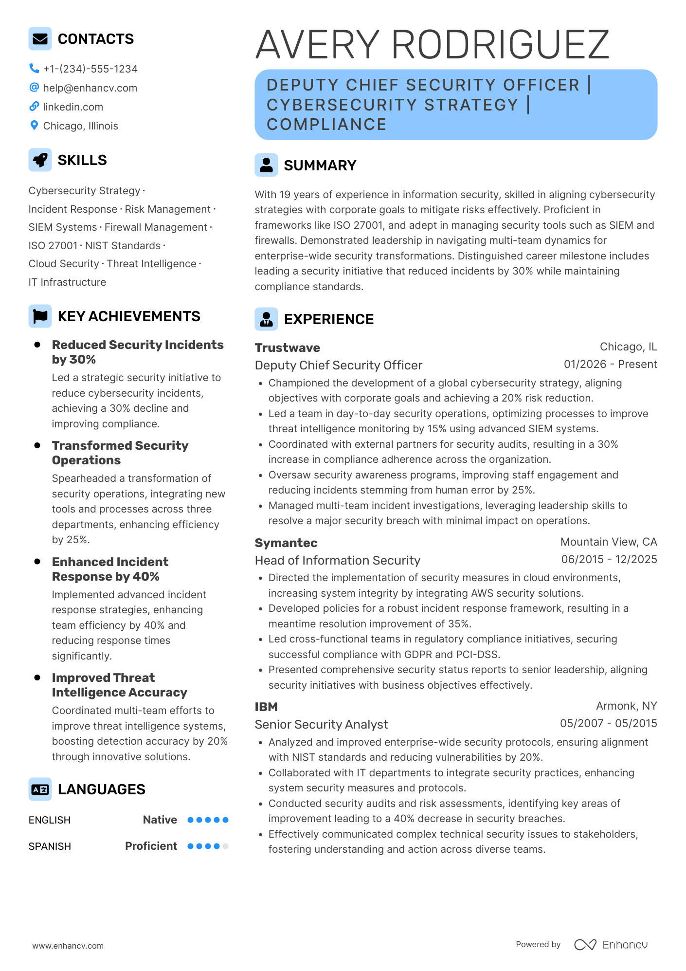 A resume example of a Deputy Chief Security Officer