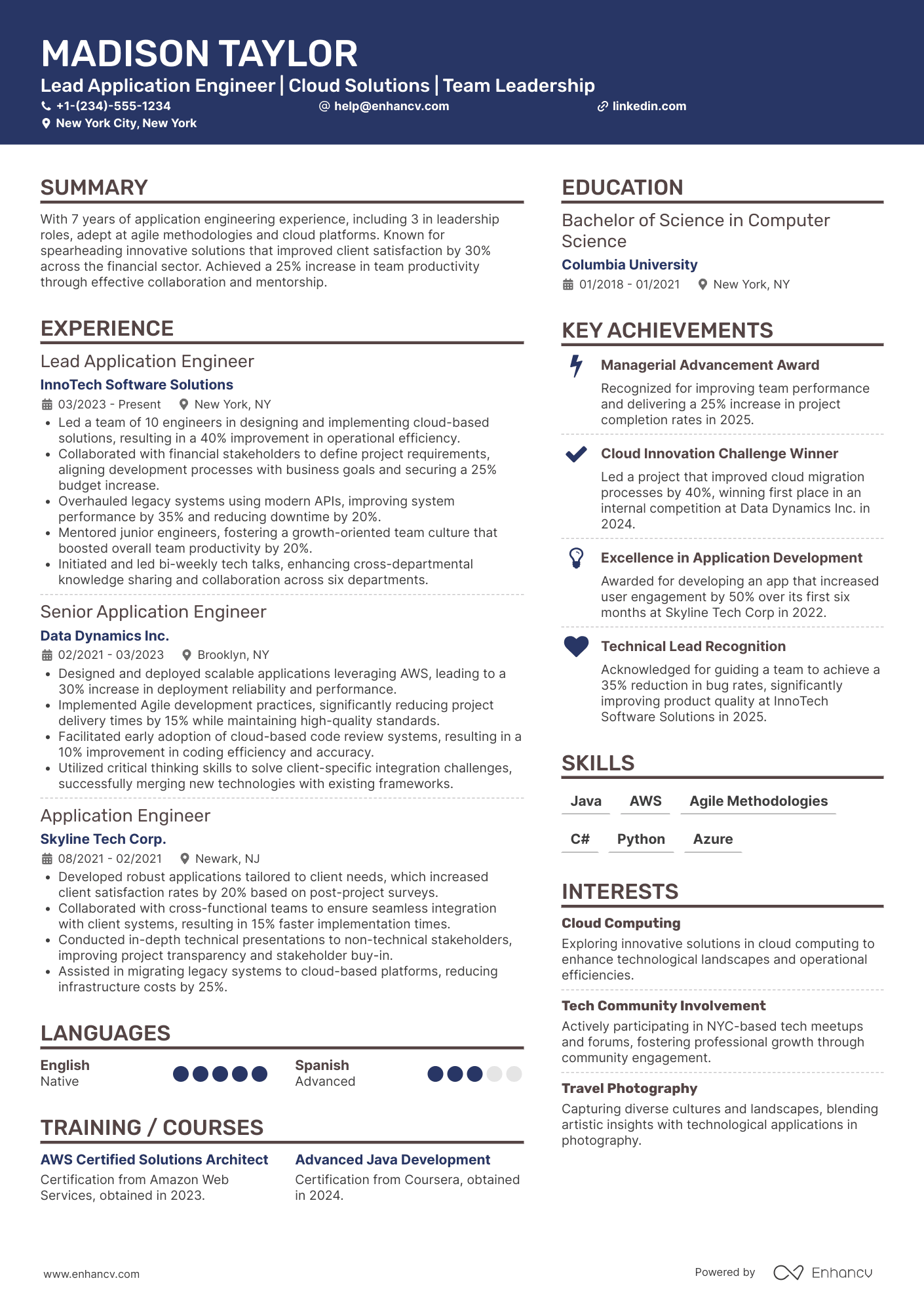 A resume example of a Lead Application Engineer