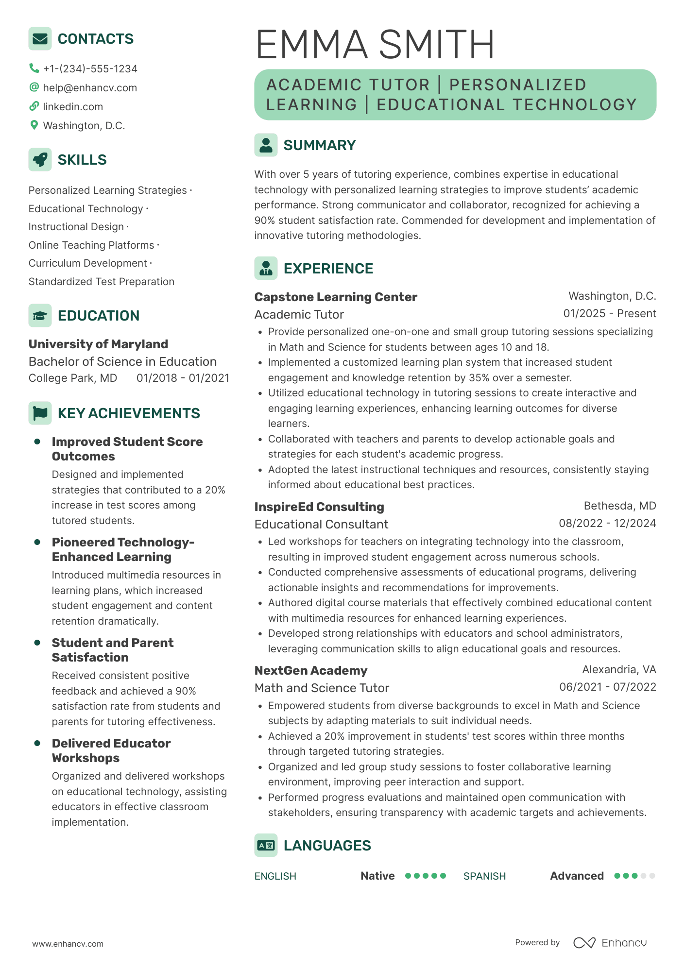 A resume example of a Academic Tutor