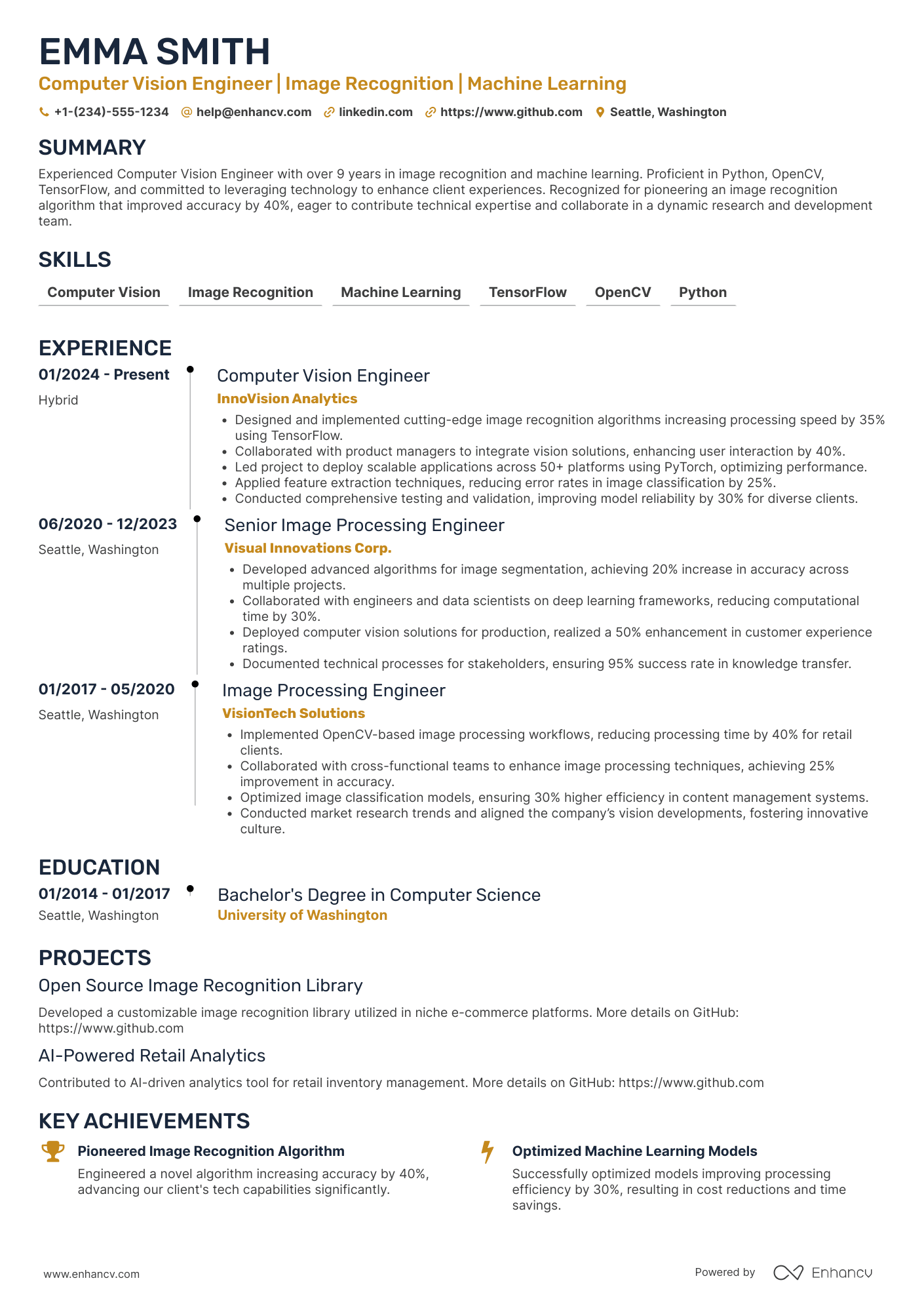 A resume example of a Computer Vision Engineer