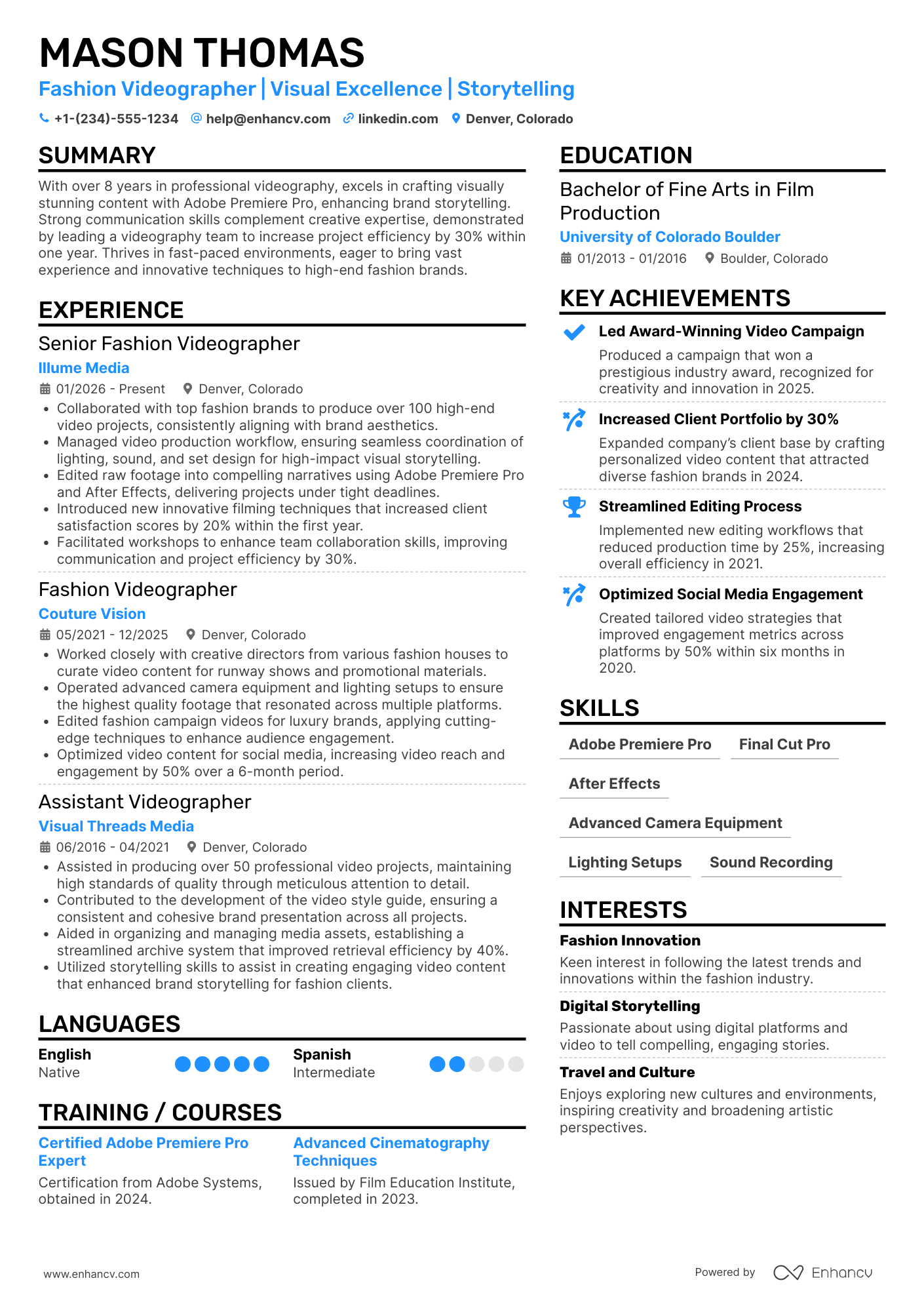 A resume example of a Fashion Videographer
