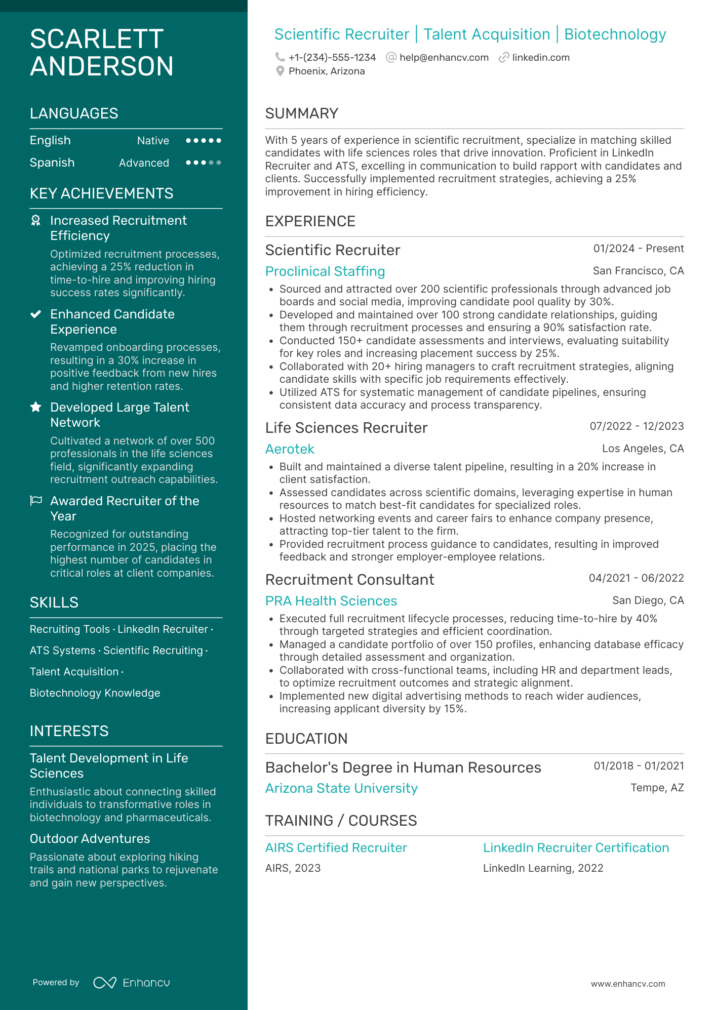 A resume example of a Scientific Recruiter