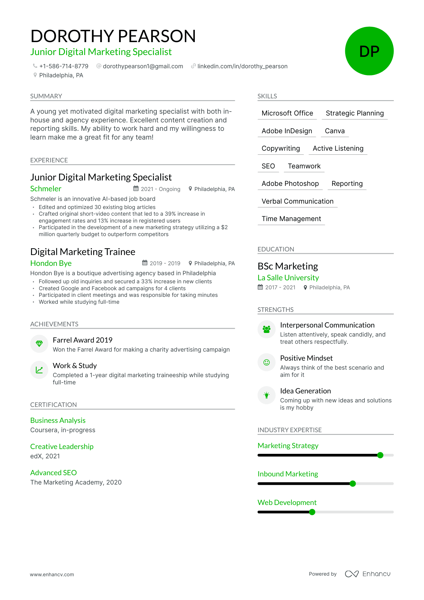 Modern Entry Level Digital Marketing Resume Template