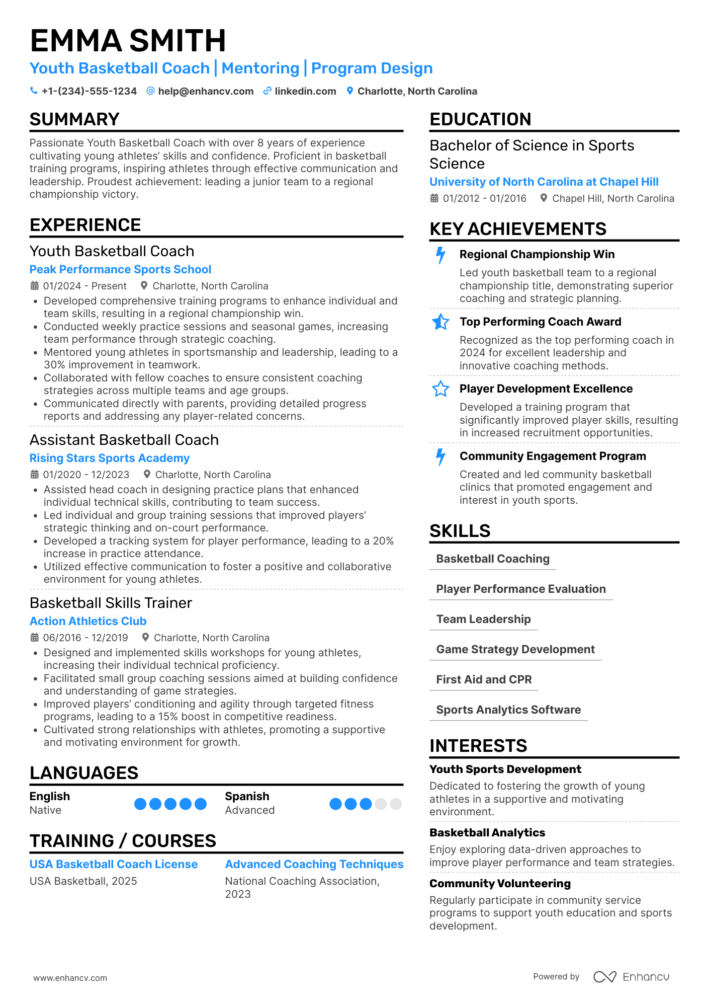 A resume example of a Youth Basketball Coach