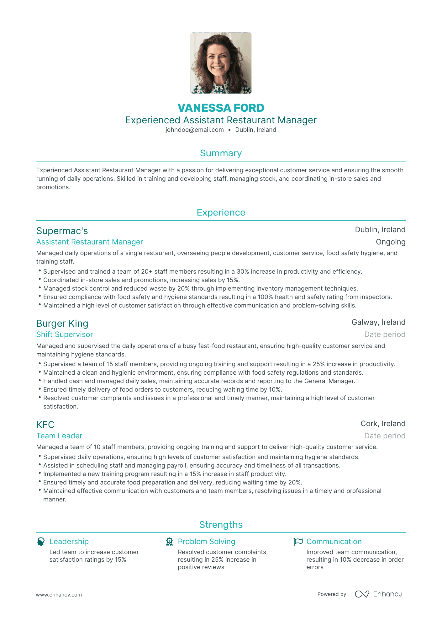 Traditional Assistant Restaurant Manager Resume Template
